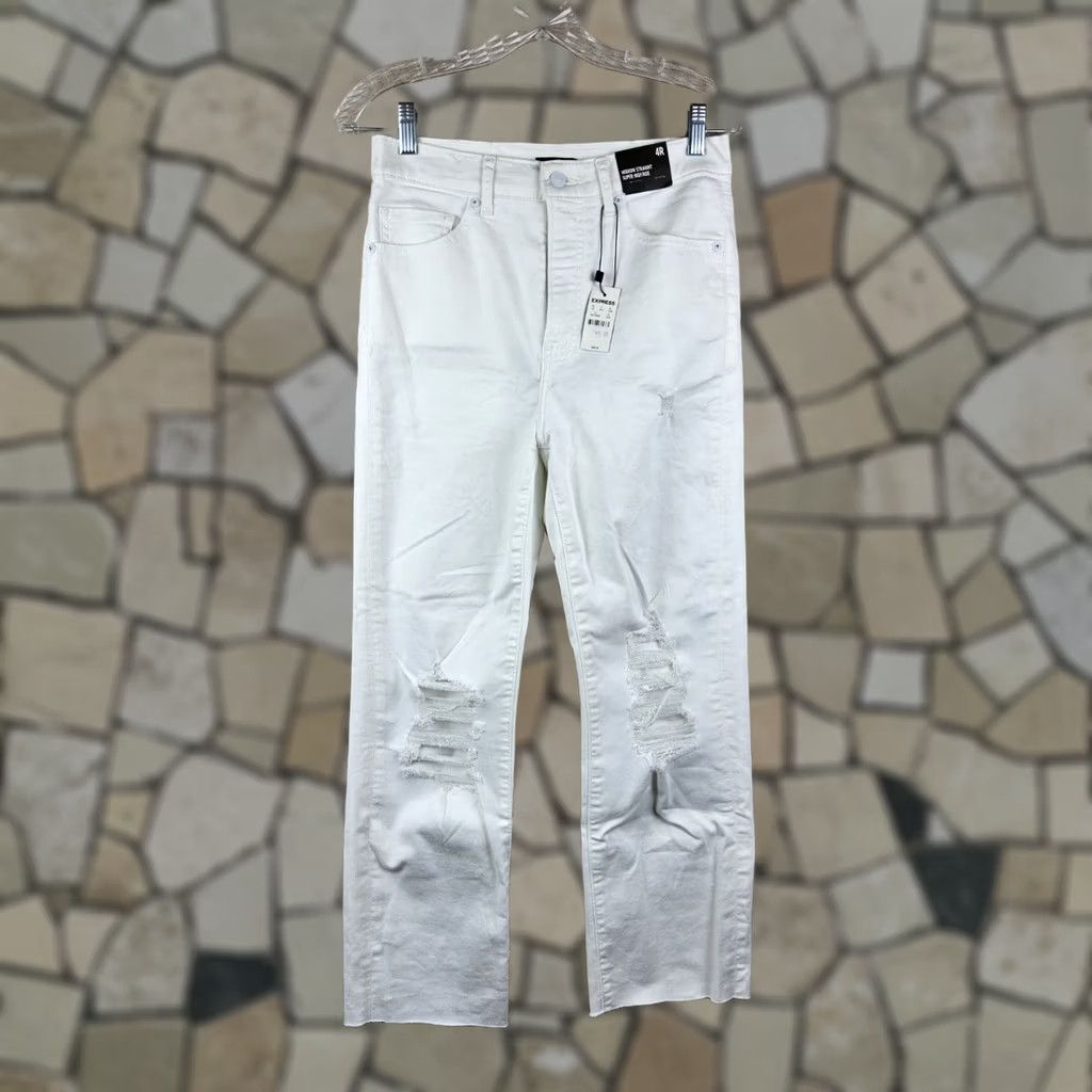 Express Express Women's Jeans Straight Distressed White High Rise 4R Size 27" / US 4 / IT 40 - 1 Thumbnail