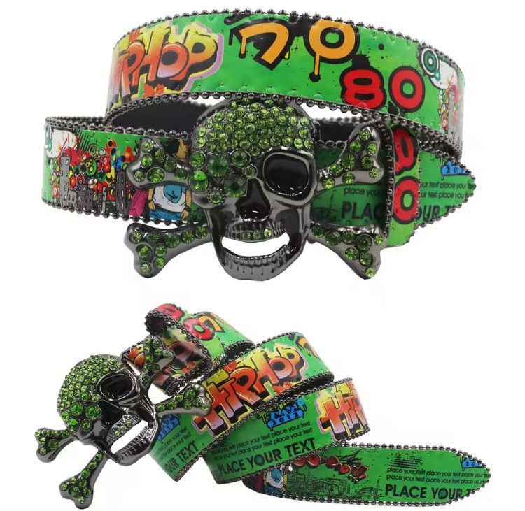 Leather 115 cm Colorful Skull & Crossbones PU Leather Belt Size ONE SIZE - 2 Thumbnail