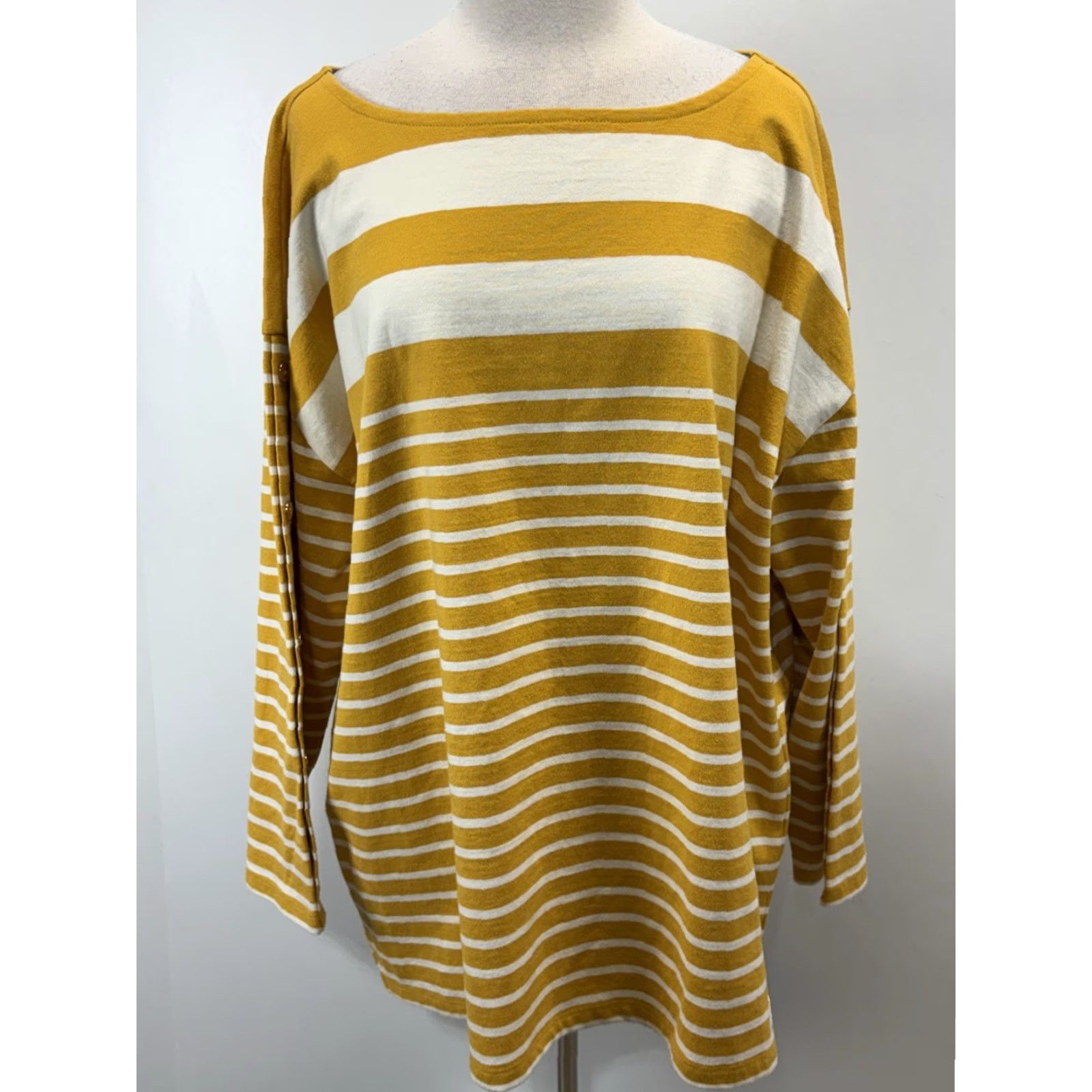 Talbots Talbots Striped Casual Shirt Women’s 3X Plus Mustard Boat Neck Cotton Pullover Button Size XXL / US 16-18 / IT 52-54 - 2 Thumbnail