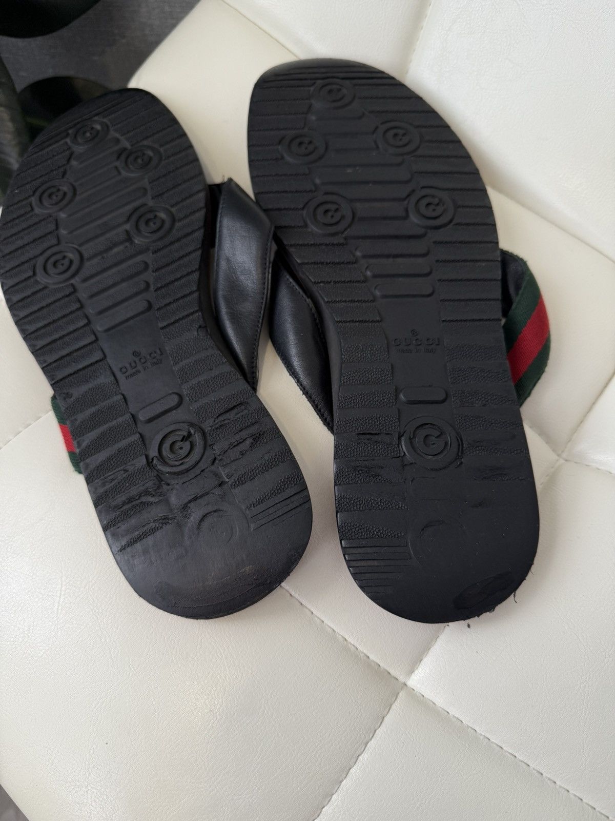 Gucci Gucci Black Leather Flip Flops Sandals GG Web Stripe Slides Size US 11 / EU 44 - 22 Thumbnail