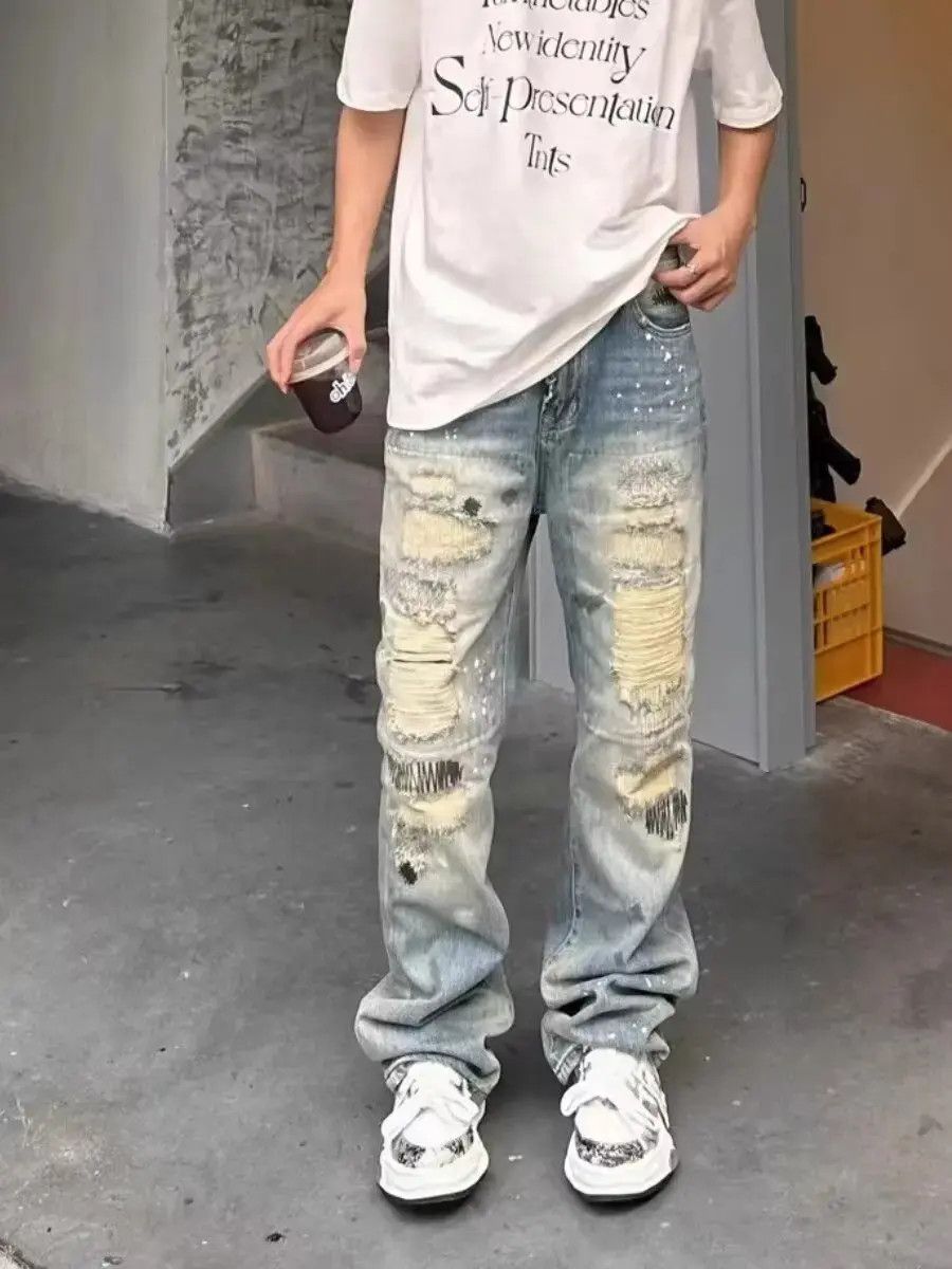 Retro loose ripped embroidered jeans