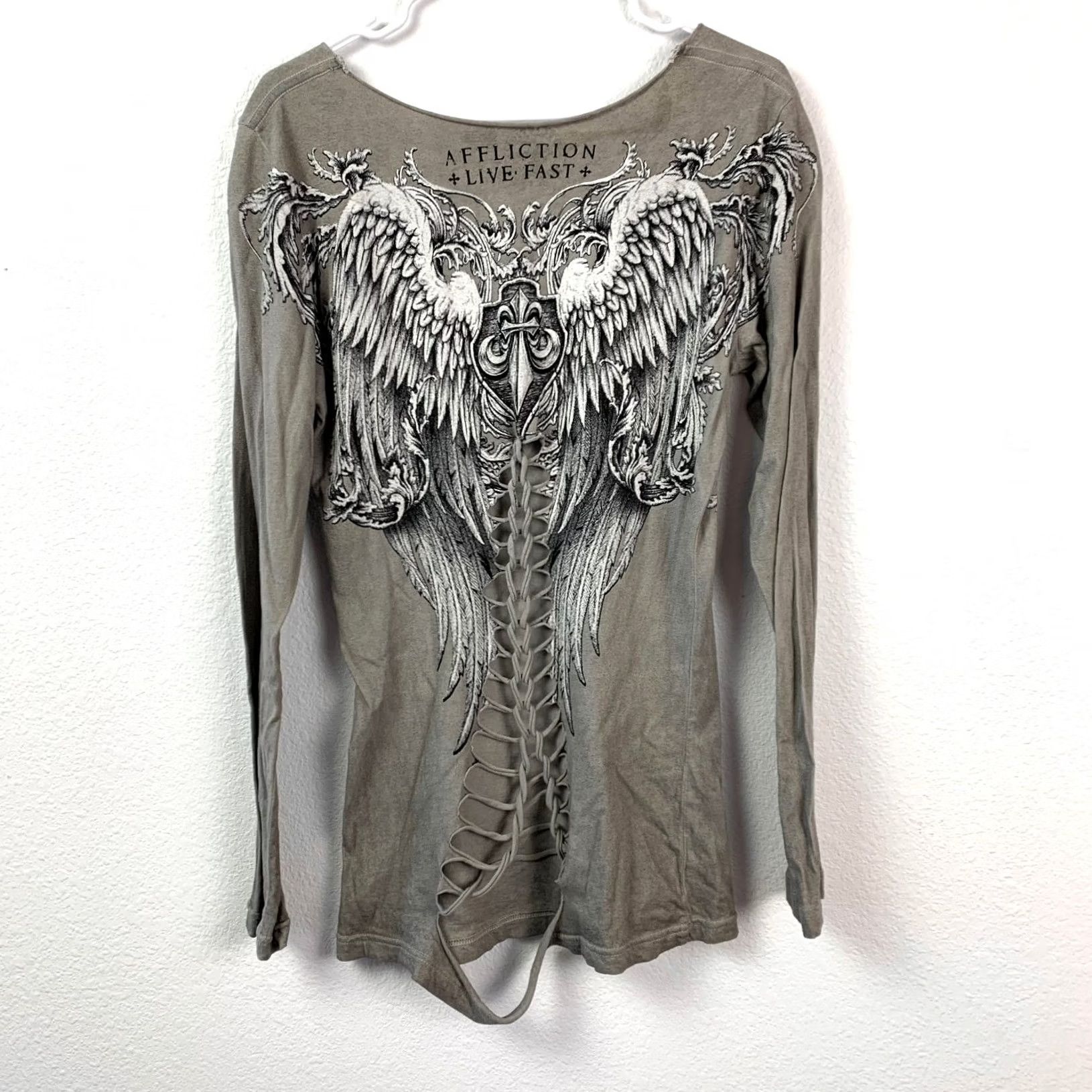Affliction Y2K Affliction Shirt Large Gray Olive Green Long Sleeve Wings Graphic Size L / US 10 / IT 46 - 4 Thumbnail