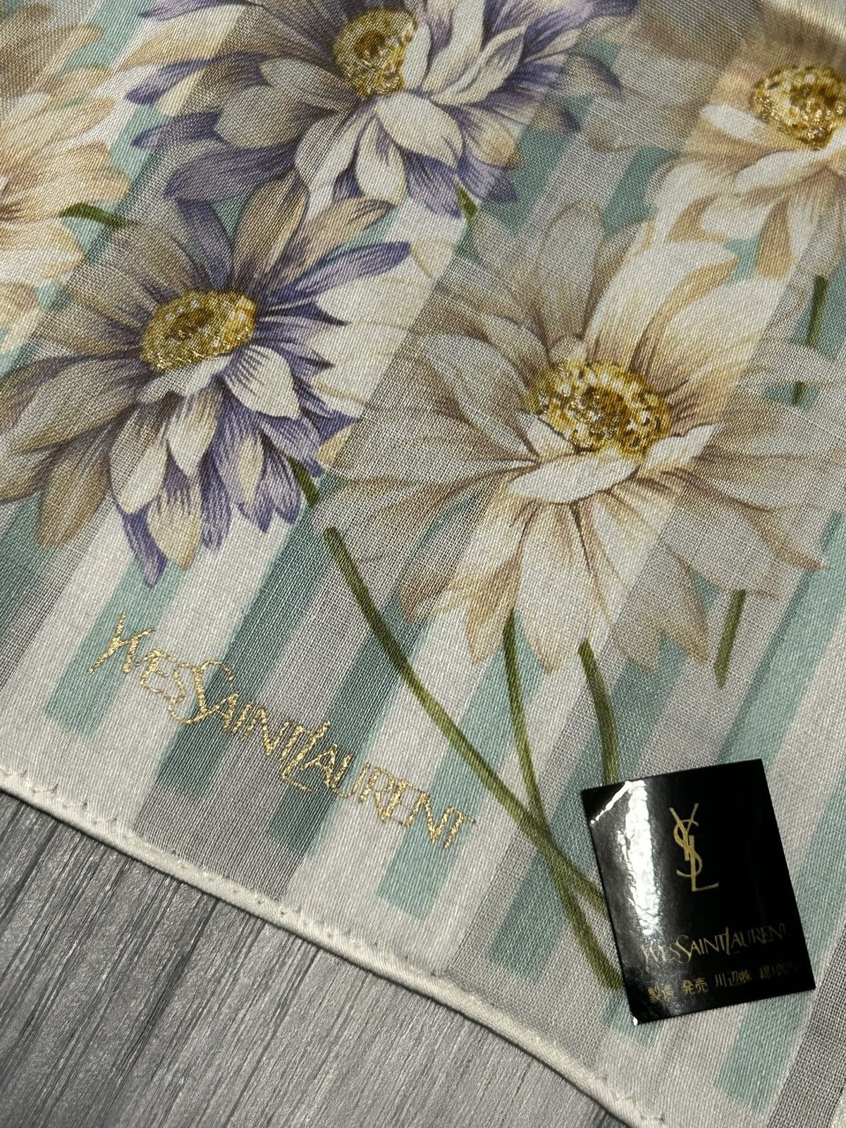 Yves Saint Laurent YSL Vintage Mint & White Striped Floral Cotton Handkerchief Size ONE SIZE - 3 Thumbnail