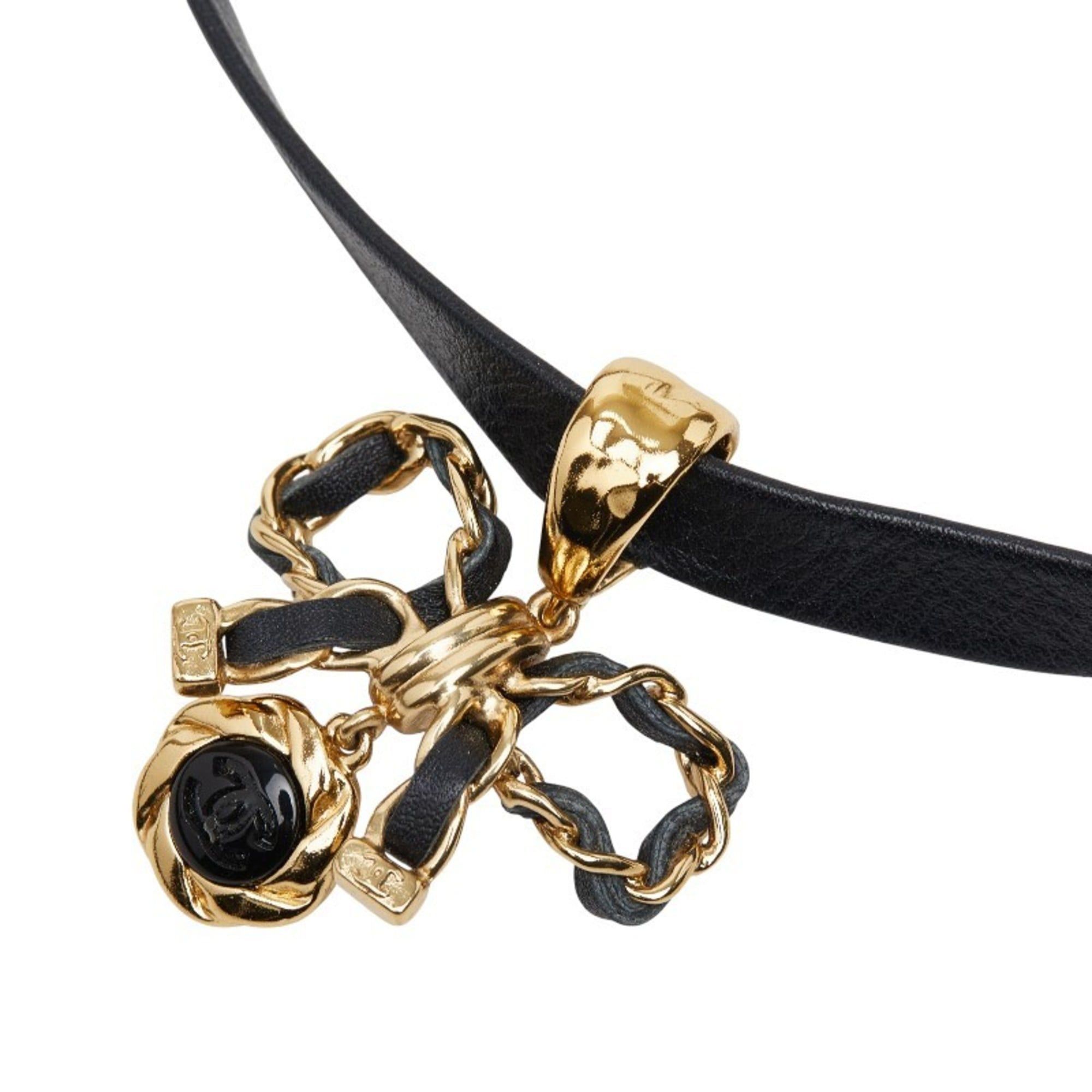 Chanel Coco Mark Ribbon Motif Choker in Gold and Black Plated Leather for Women