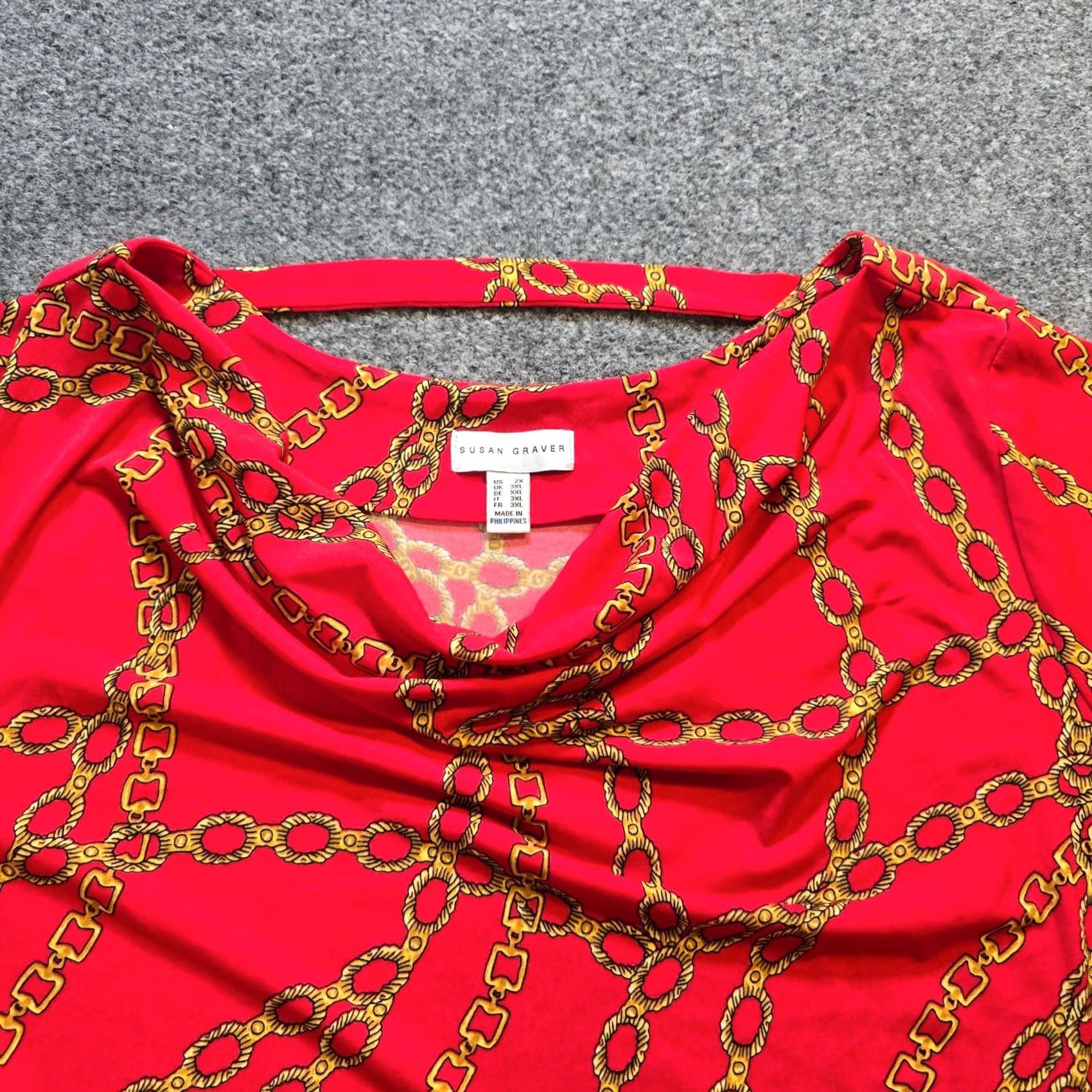 Vintage Susan Graver Top Womens 2X Red Yellow Chains Cowl Neck Blouse Geometric Knit 3/4 Sleeve Stretchy Plus Size Adult Womens Size XXL / US 16-18 / IT 52-54 - 2 Thumbnail