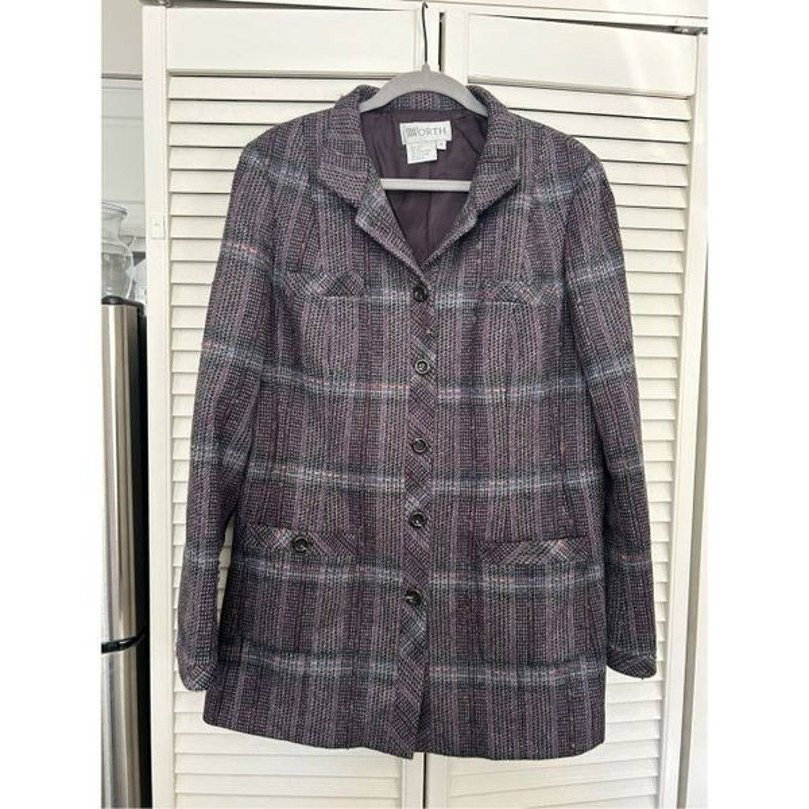 Worthington WORTH Wool/Silk Purple White Red Plaid Button Coat, Size 16 Size XXL / US 16-18 / IT 52-54 - 1 Thumbnail