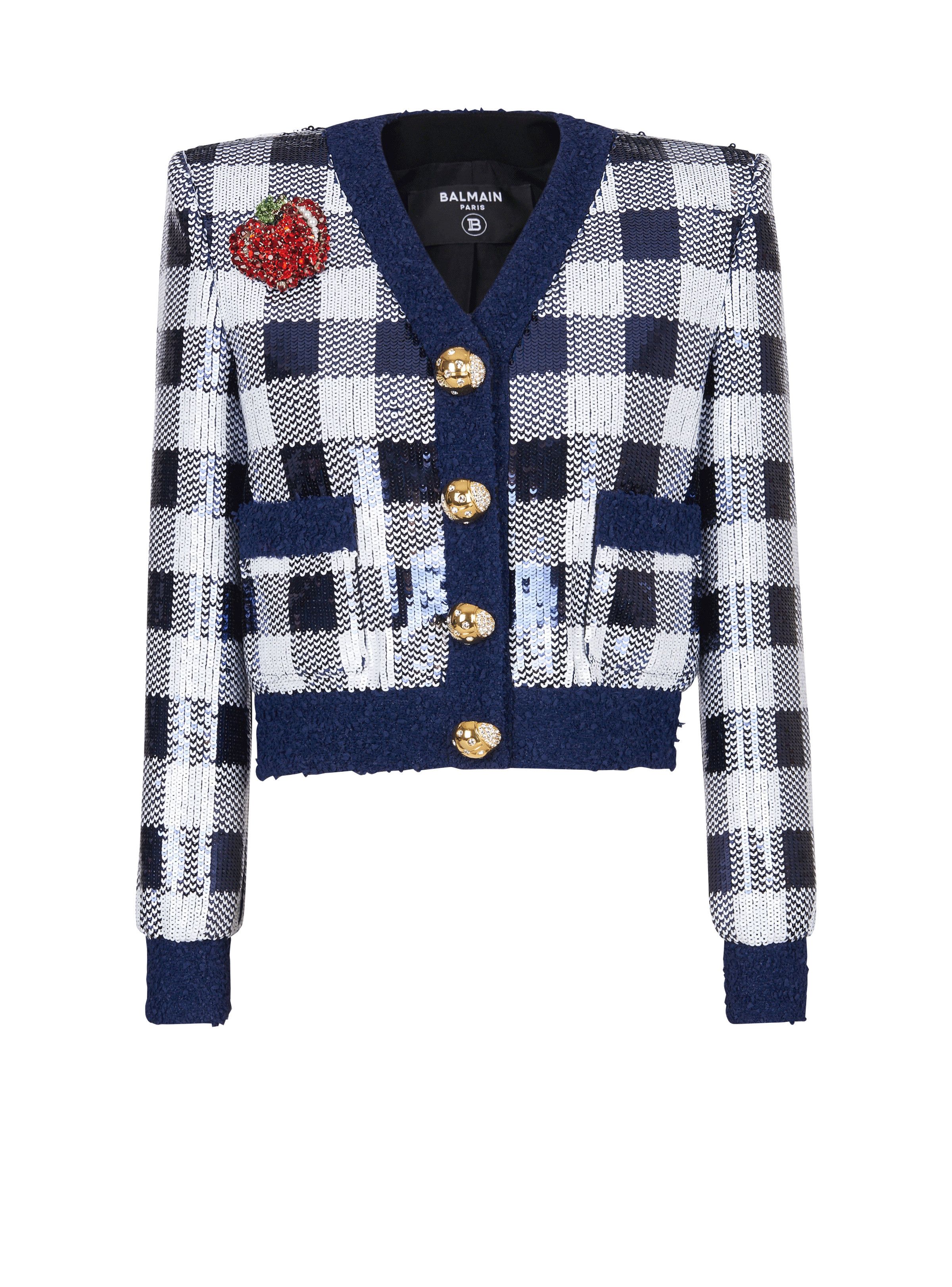 o1s1wg110825 Sequin Embellished Gingham Jacket in Blue