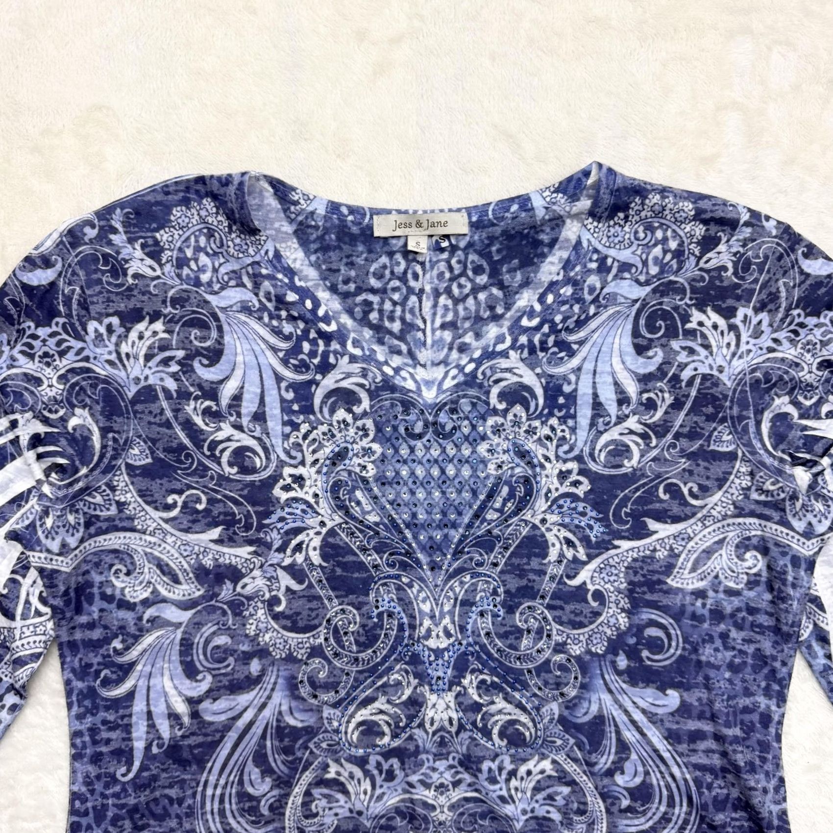 Vintage Jess & Jane Tunic Shirt Womens Small Blue Paisley V-Neck 3/4 Sleeve Top Size S / US 4 / IT 40 - 2 Thumbnail