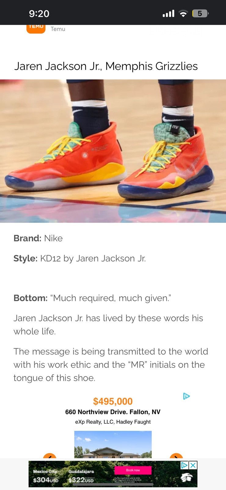 Nike Jaren Jackson Jr’s CUSTOM KD12 Nike’s (Memphis Grizzlies) Size US 13 / EU 46 - 12 Thumbnail