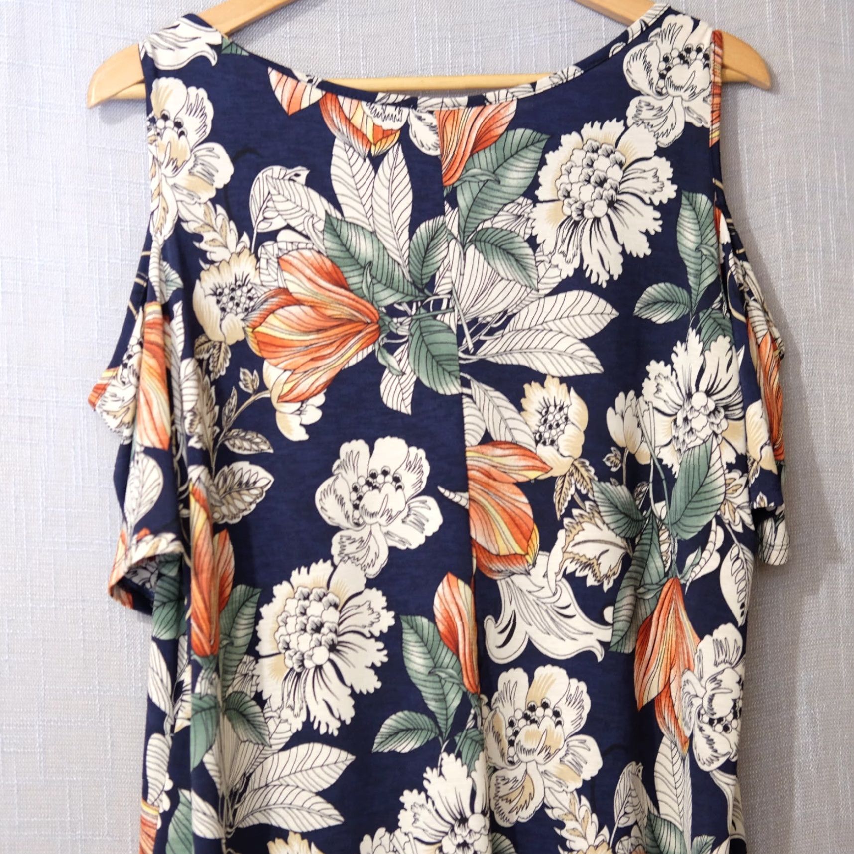 Vintage Naif Cold Shoulder Floral Blouse Navy Lightweight Women's 1X #H97-21 Size XL / US 12-14 / IT 48-50 - 5 Thumbnail