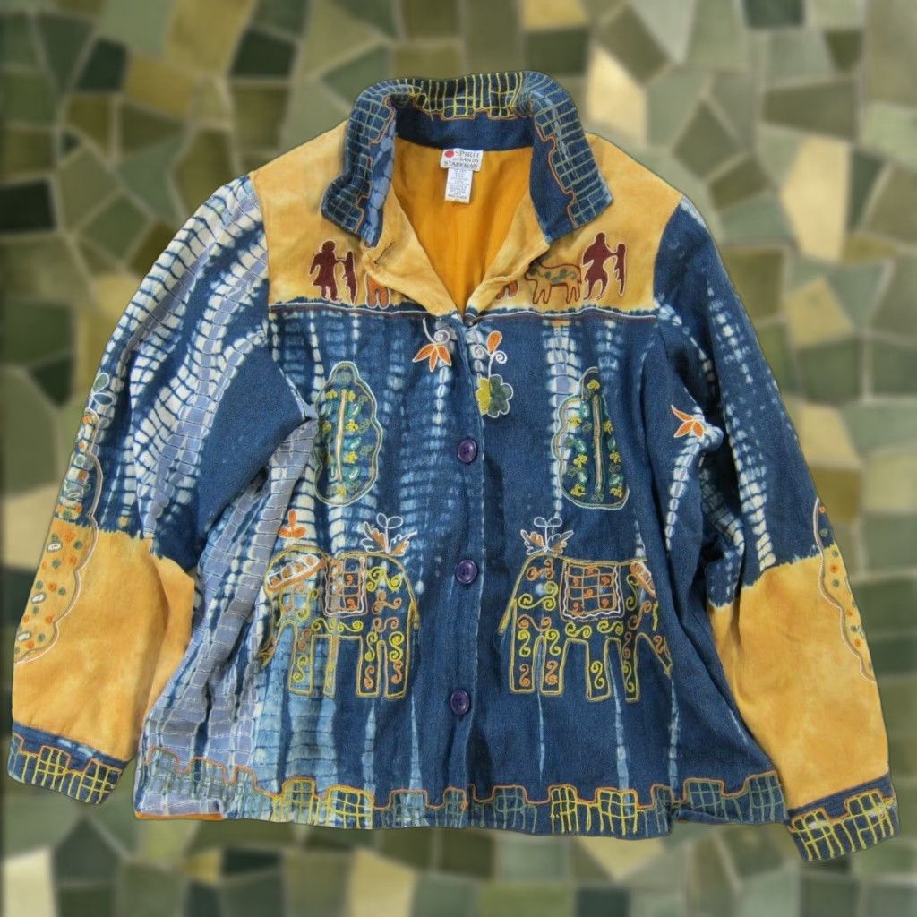 ESPIRIT Sandy Starkman Spirit Cotton Blue Brown Tie Dye Embroidered Hippy Boho Jacket 2X Shirt 1990s Mens Size XXL / US 16-18 / IT 52-54 - 1 Thumbnail