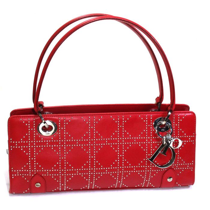 image of Christian Dior Cannage Studded Shoulder Bag Handbag Leather Red, Women's