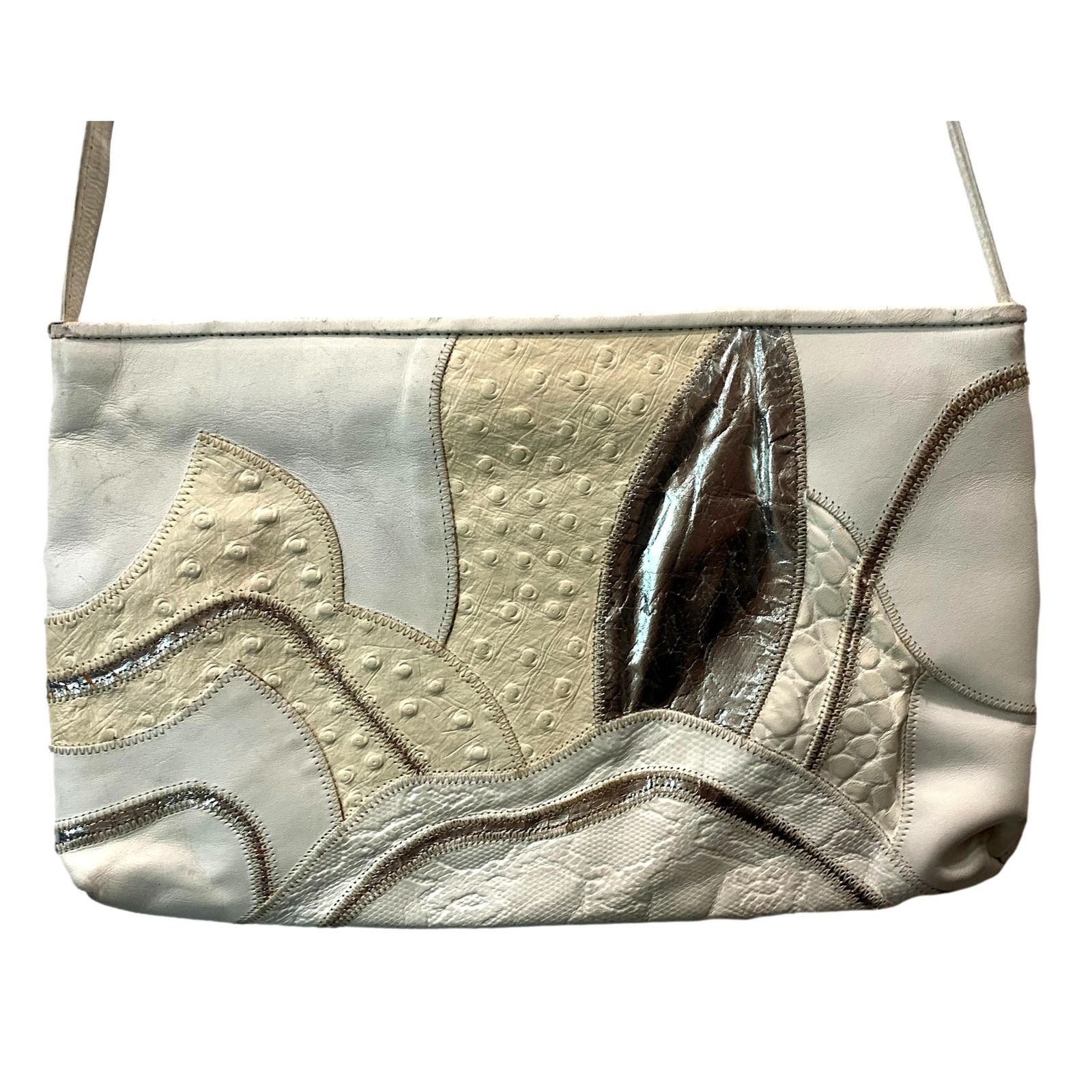 Genuine Leather × Vintage 80s White & Silver Leather Mixed Up Patchwork Shoulder Bag Size ONE SIZE - 1 Thumbnail