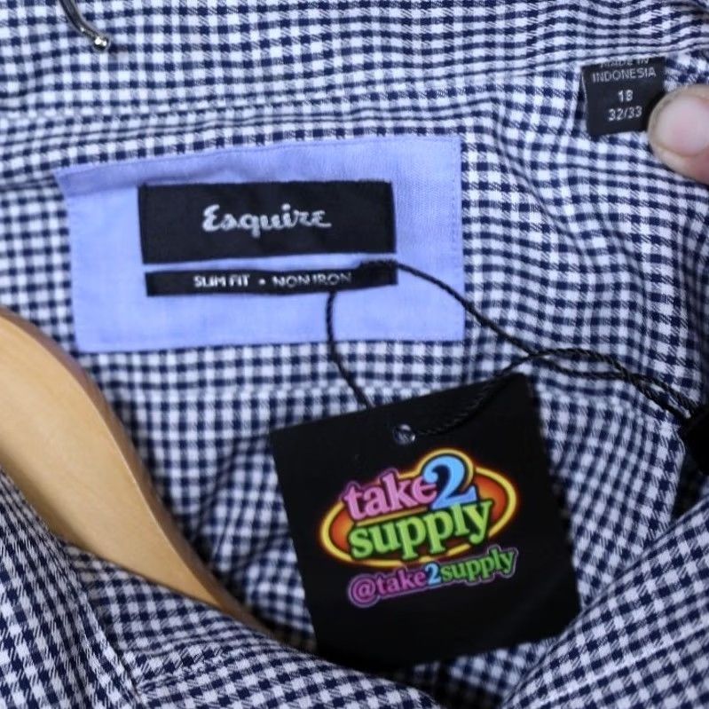 Vintage Esquire Dress Shirt Mens Slim Fit Gingham Blue White XXL 18-32/33 Non Iron Size 48R - 5 Thumbnail