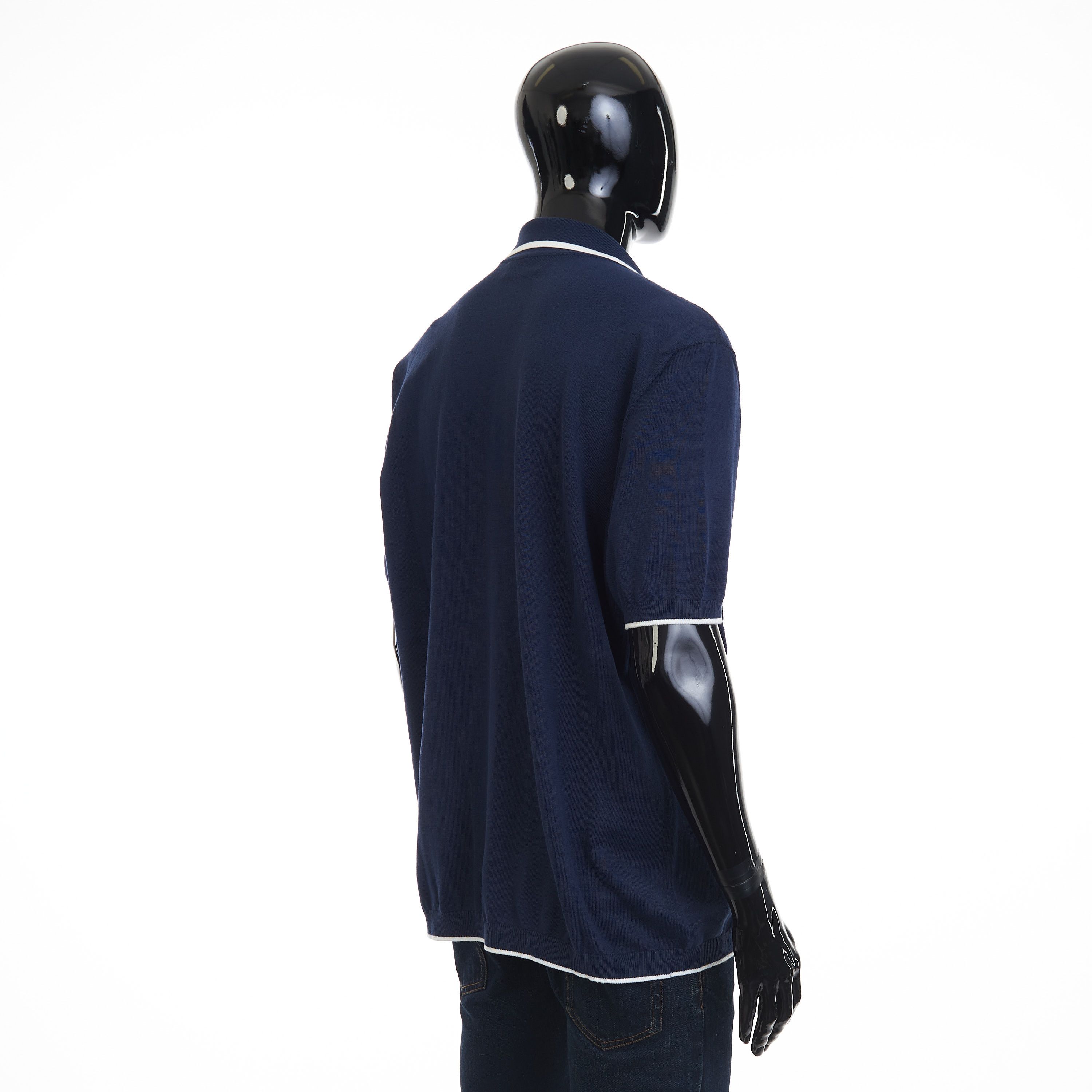 Brunello Cucinelli Navy Blue Short Sleeve Knit Shirt - Cotton Jacquard Rib Size US XL / EU 56 / 4 - 5 Thumbnail