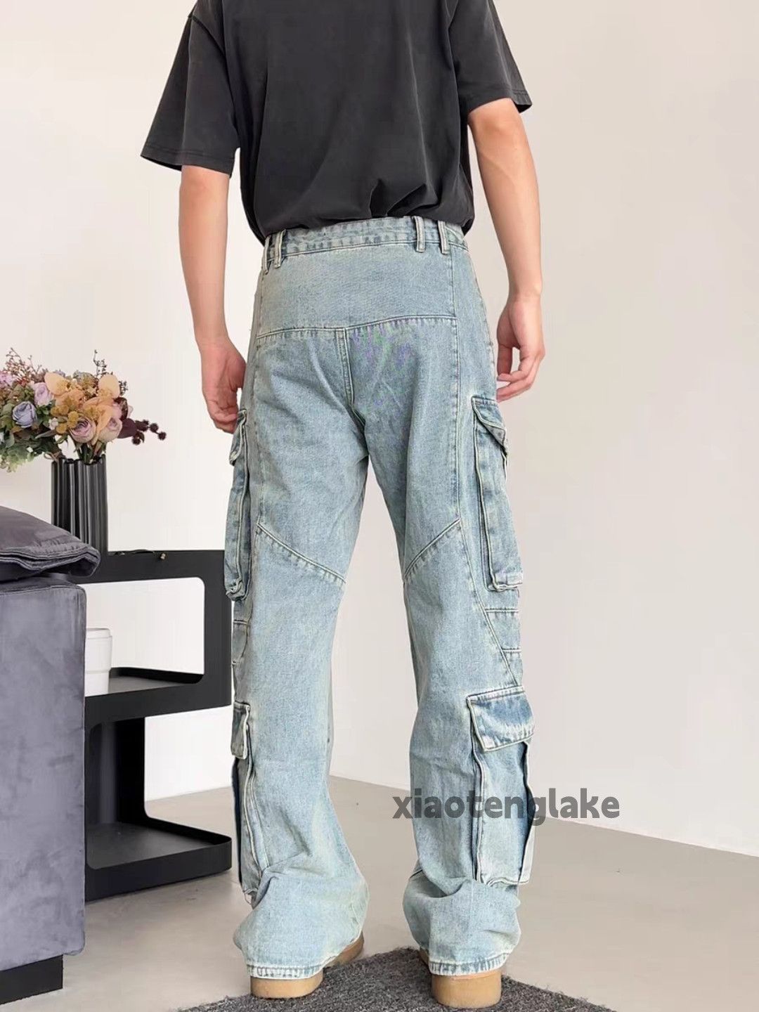 Jean Unisex washed faded loose baggy hiphop cargo jeans Size US 32 / EU 48 - 2 Thumbnail