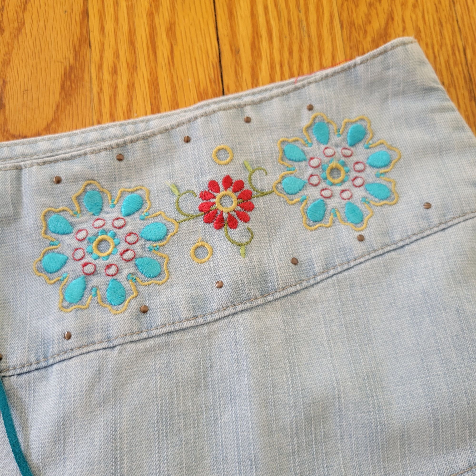 Vintage Zana Di Floral Embroidered Denim Skirt 13 Blue Jean Corset L Size 35" - 3 Thumbnail