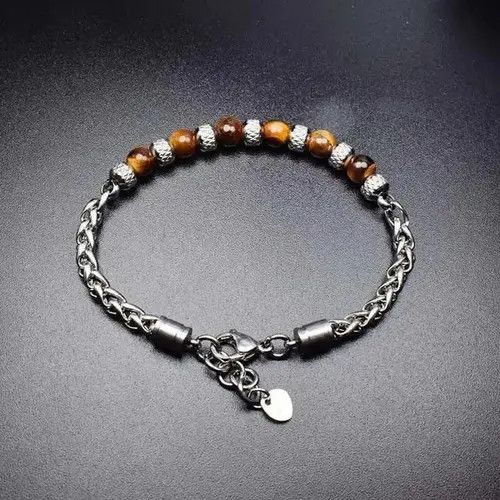 Handmade 6mm Brown Stone Beads Stainless Steel Bracelet Size ONE SIZE - 3 Thumbnail