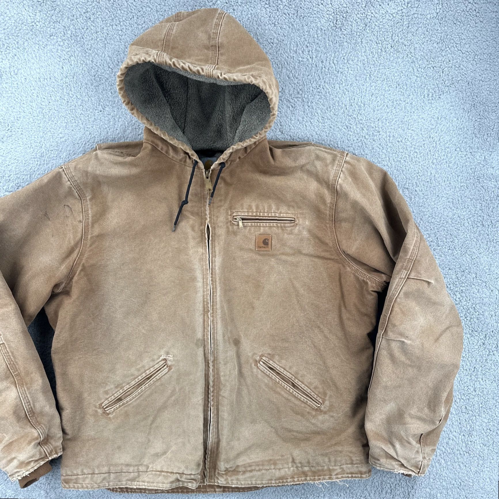 Carhartt VINTAGE Carhartt Jacket 2XL Tall Brown Hooded Fleece Lined Zip Workwear Shirt Mens Modern Outdoor USA Distressed Logo Zipper Size US XXL / EU 58 / 5 - 2 Thumbnail