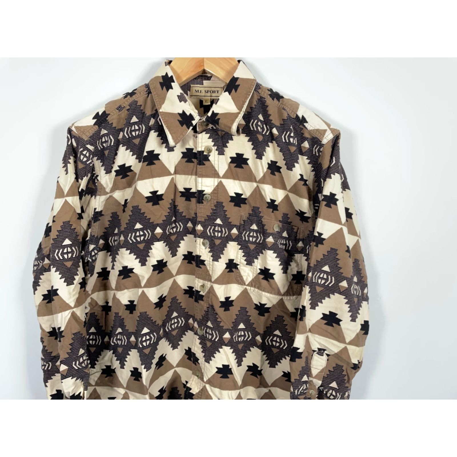 Vintage VINTAGE M.E. Sport Shirt Geometric 90s Aztec Southwestern Button-Up Cotton Flannel XL Mens Beige Brown Size US XL / EU 56 / 4 - 4 Thumbnail