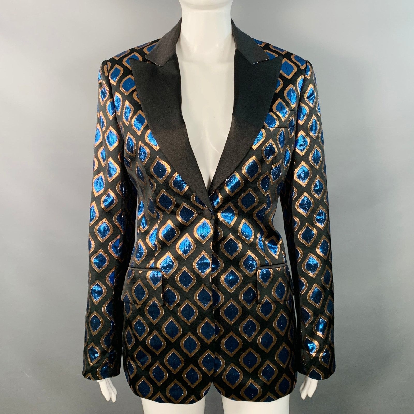 Etro Black Blue Metallic Geometric Peak Lapel Jacket Blazer Size M / US 6-8 / IT 42-44 - 1 Thumbnail