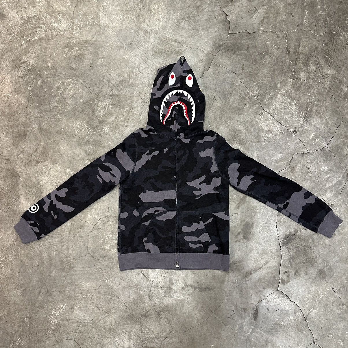 image of Bape Woodland Camo Shark Full Zip Hoodie For Women in Black (Size XS)