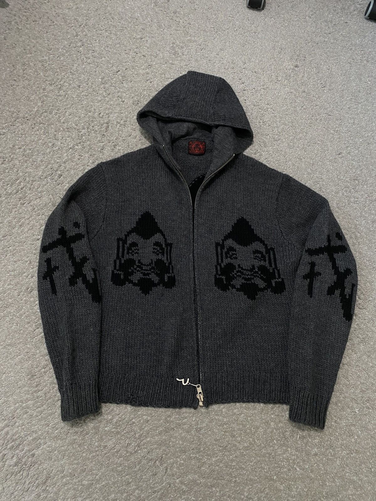 Evisu Knitted Hoodie Zip wool knit sweater big logo vintage