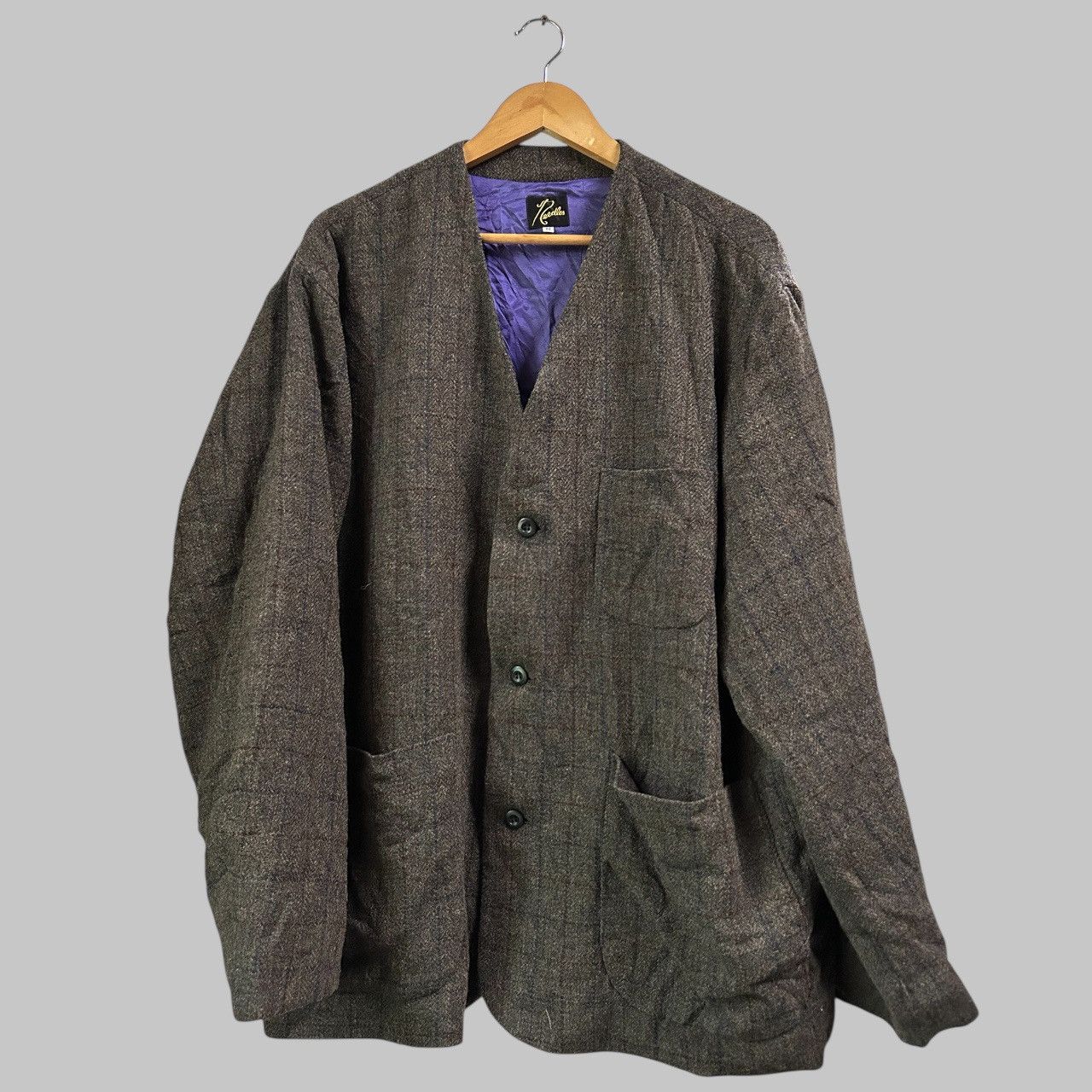 Needles Collarless/V Neck Herringbone Three Button Chore Blazer Size 40R - 2 Thumbnail