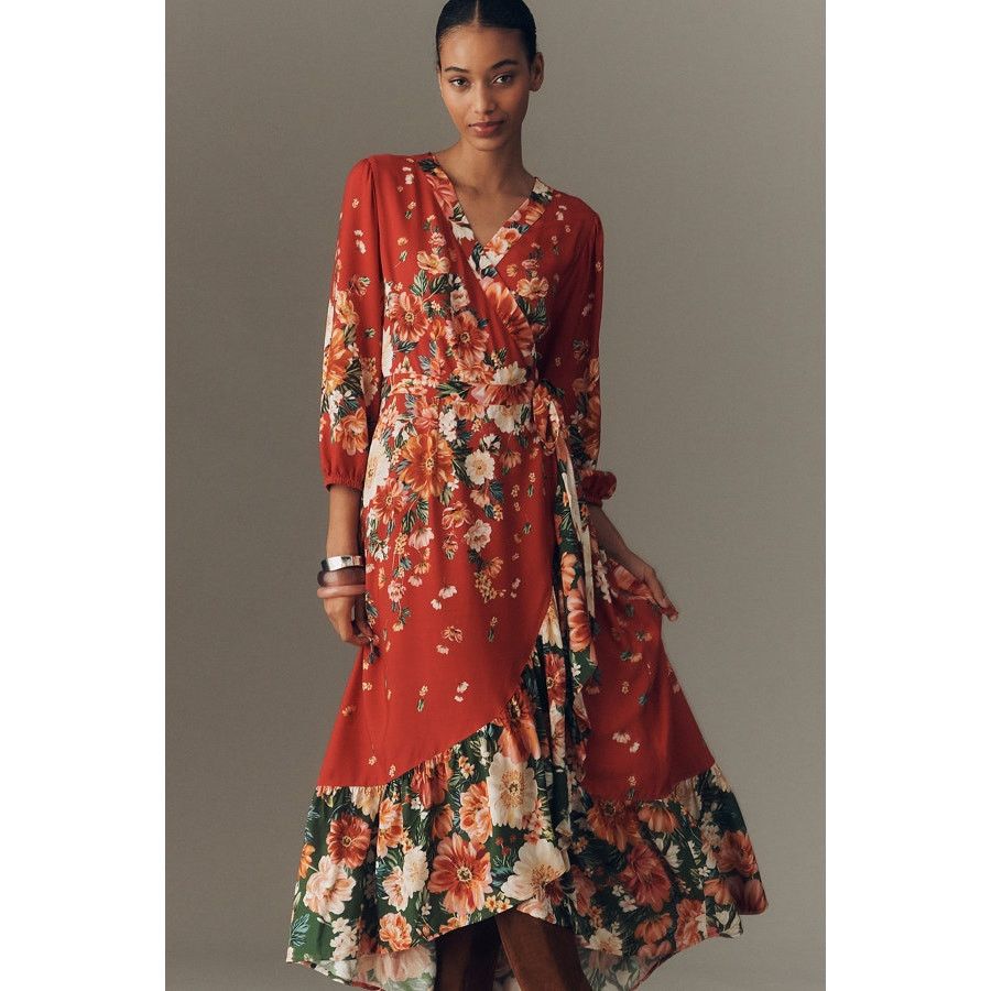 red floral wrap dress long sleeve New Long-Sleeve Floral Wrap Midi Dress $268 X-SMALL Red