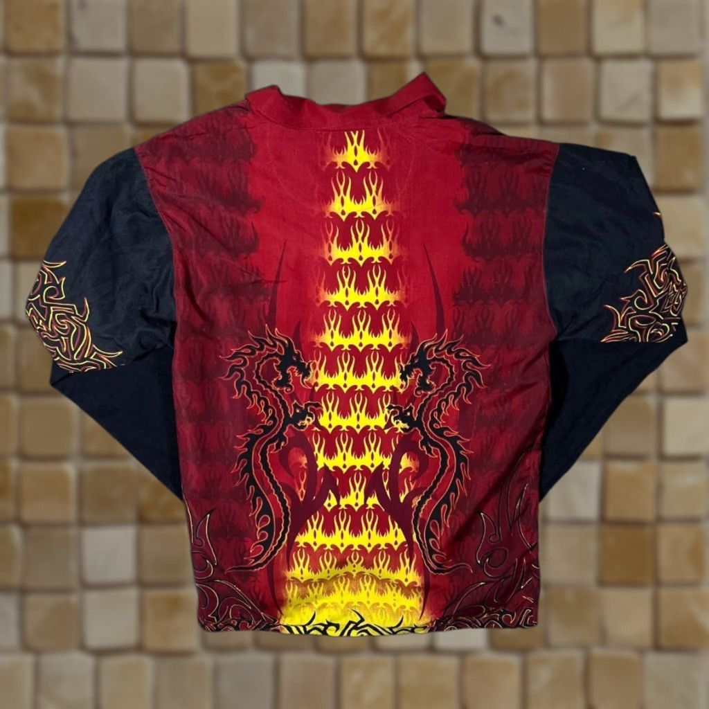 Vintage X-Mail Goth Y2K Flaming Dragon Layered Long Sleeve Shirt 176 Small Red/Black Mens Button-Up XS S Regular Sleeve Long Shirt Size US S / EU 44-46 / 1 - 1 Thumbnail