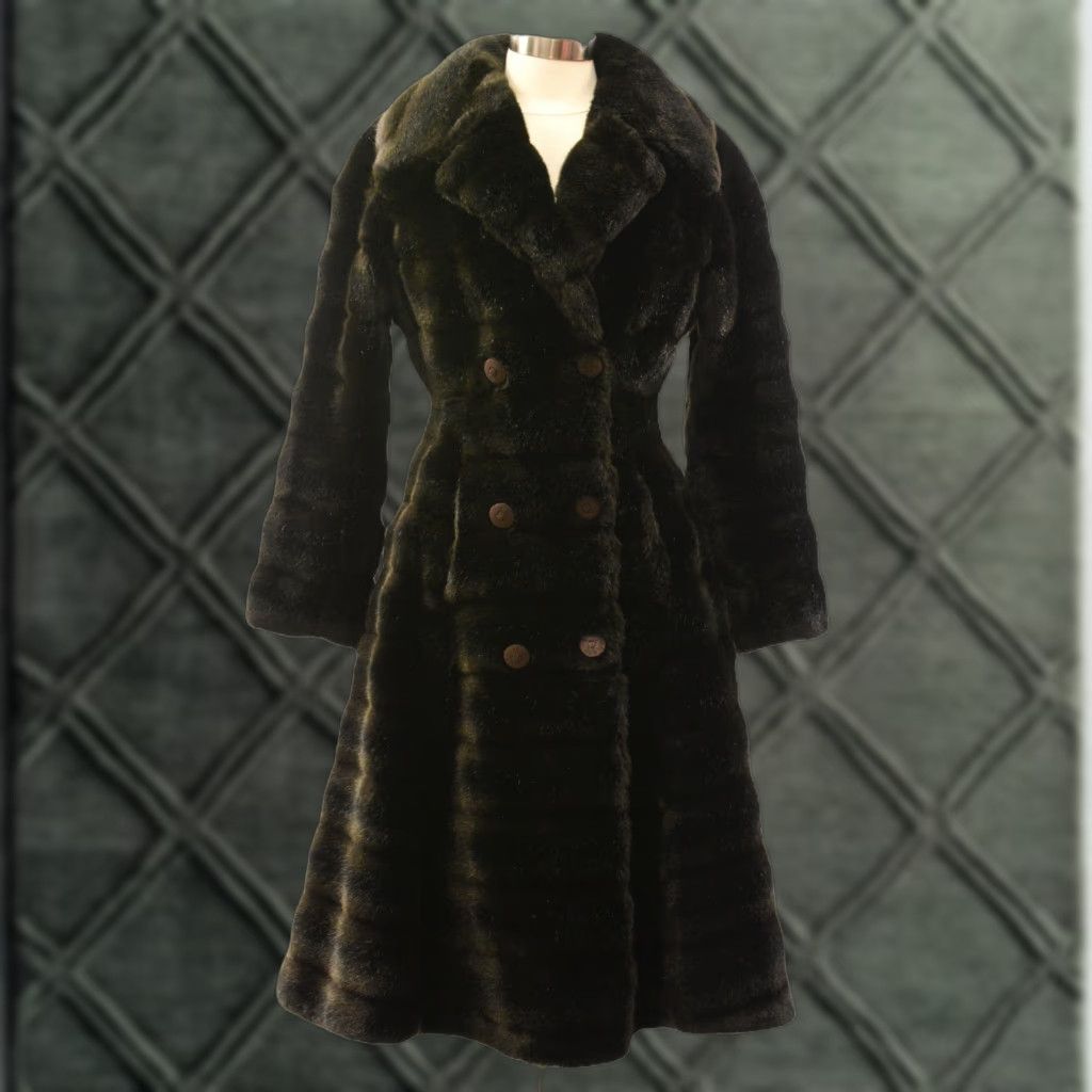 60s Vintage Nipped Waist Faux Fur Coat Womens S Chocolate Brown