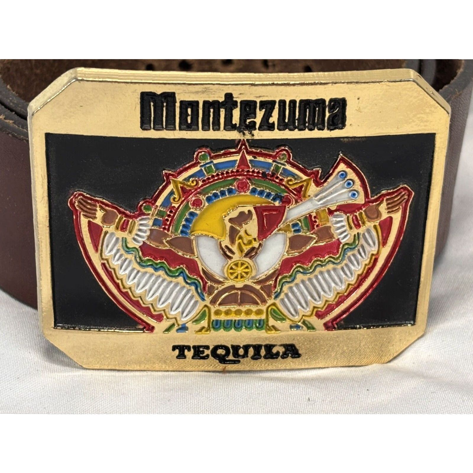 Vintage VINTAGE Brown Leather Western Belt Montezuma Tequila Buckle 37"-40" Mens Size ONE SIZE - 2 Thumbnail