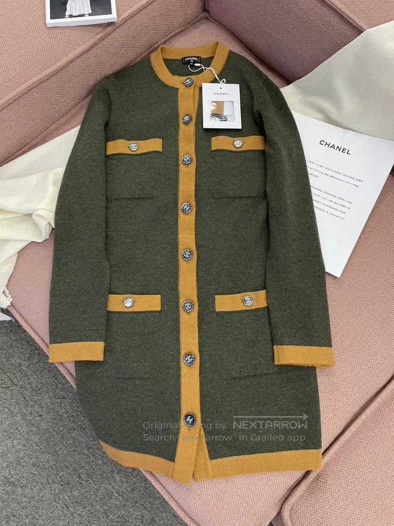 Chanel Green Orange Cashmere Cardigan Coat.