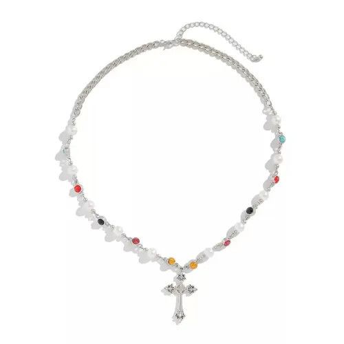Jewelry Silver Cross Pendant Necklace with Colorful Beads Size ONE SIZE - 5 Thumbnail
