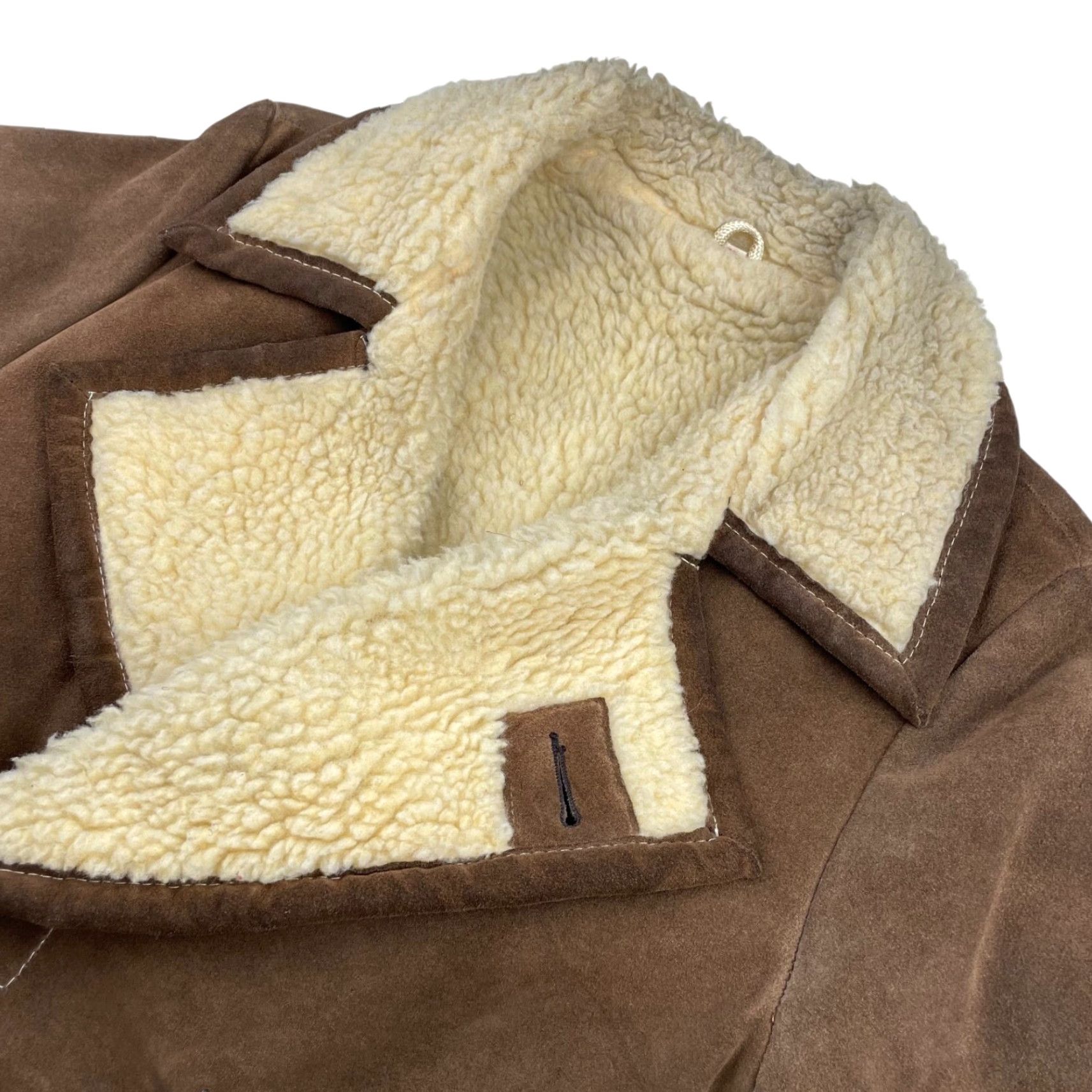 Vintage VTG The American Male Suede Leather Rancher Coat Brown 38 Men Coat Mid-Length Button Sherpa Lined Pockets Vintage Mens Leather Coat Size US XXS / EU 40 - 2 Thumbnail