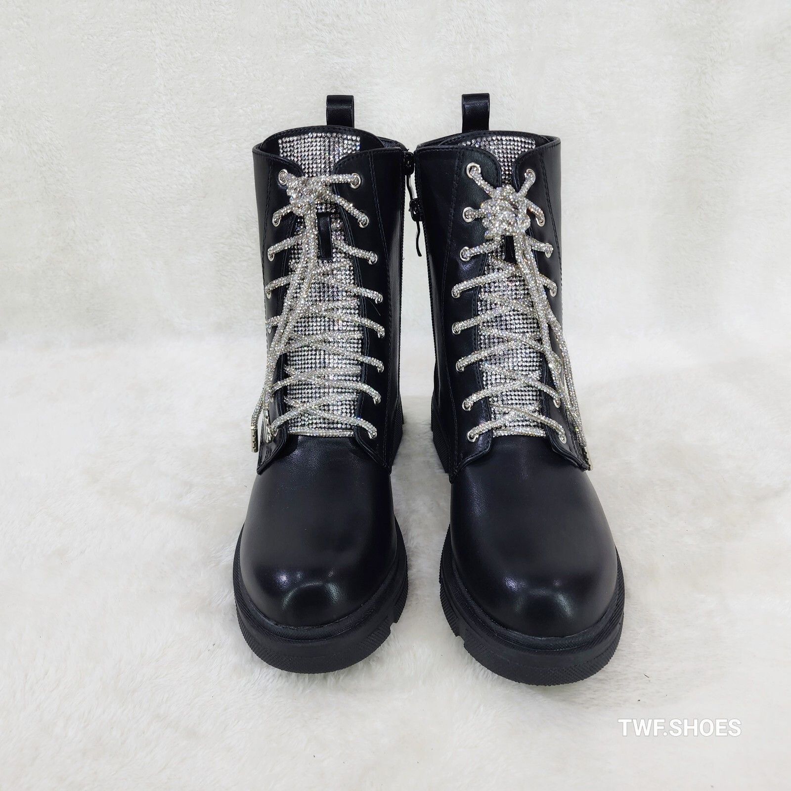 Other Rylee Black Combat Ankle Boots Iridescent Rhinestone Tongue Size US 8.5 / IT 38.5 - 5 Thumbnail