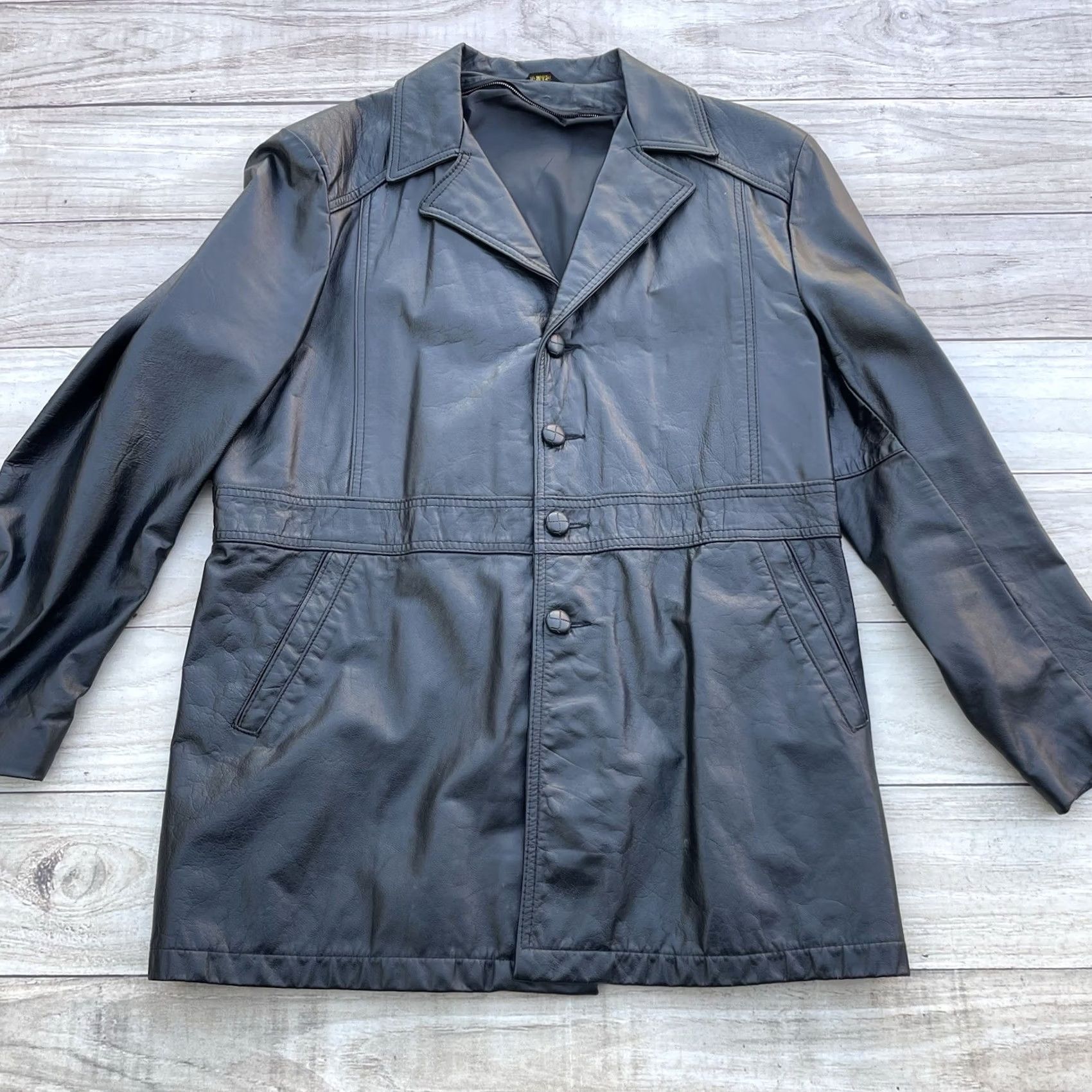 Vintage VINTAGE Leather Jacket Unbranded Long Jacket 42R Black Mens Womens Regular 4 Button Spread Collar Retro Leather Jacket Long Sleeve Blazer Coat Size US XS / EU 42 / 0 - 2 Thumbnail