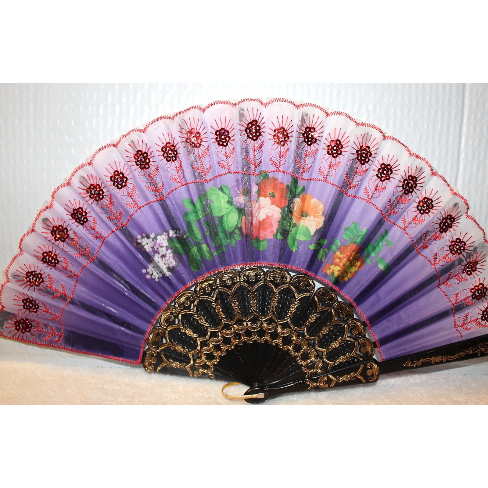 Vintage VINTAGE Hand Fan With Flower Sequins Small Adult 16 Inch Decorative Women's Accessories Size ONE SIZE - 2 Thumbnail