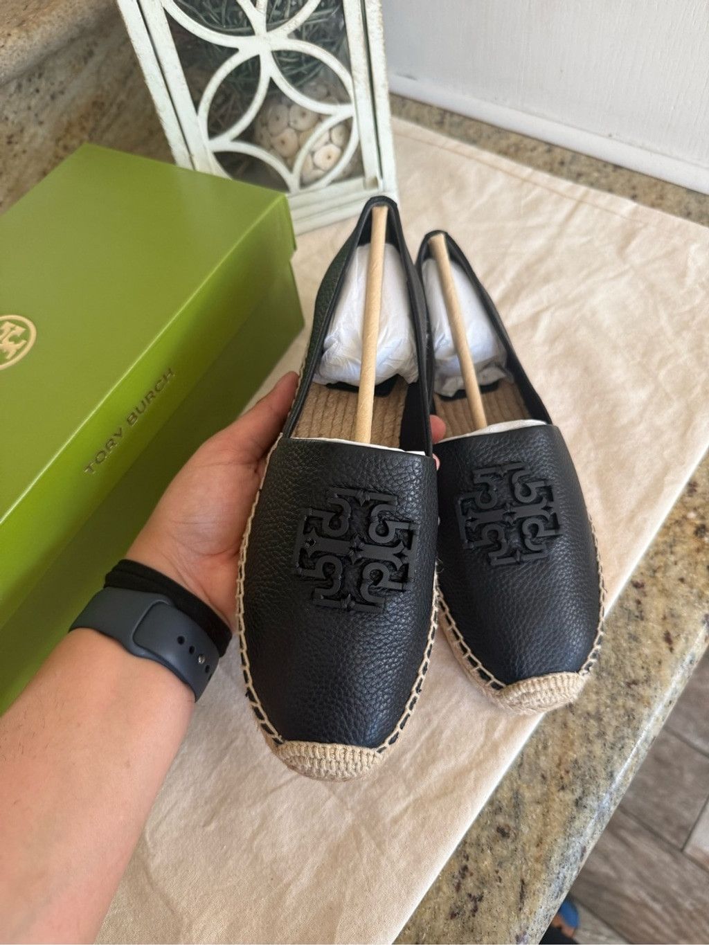 Tory Burch Tory Burch Black Leather Espadrille Slip-Ons with Natural Ra Size US 8.5 / IT 38.5 - 3 Thumbnail