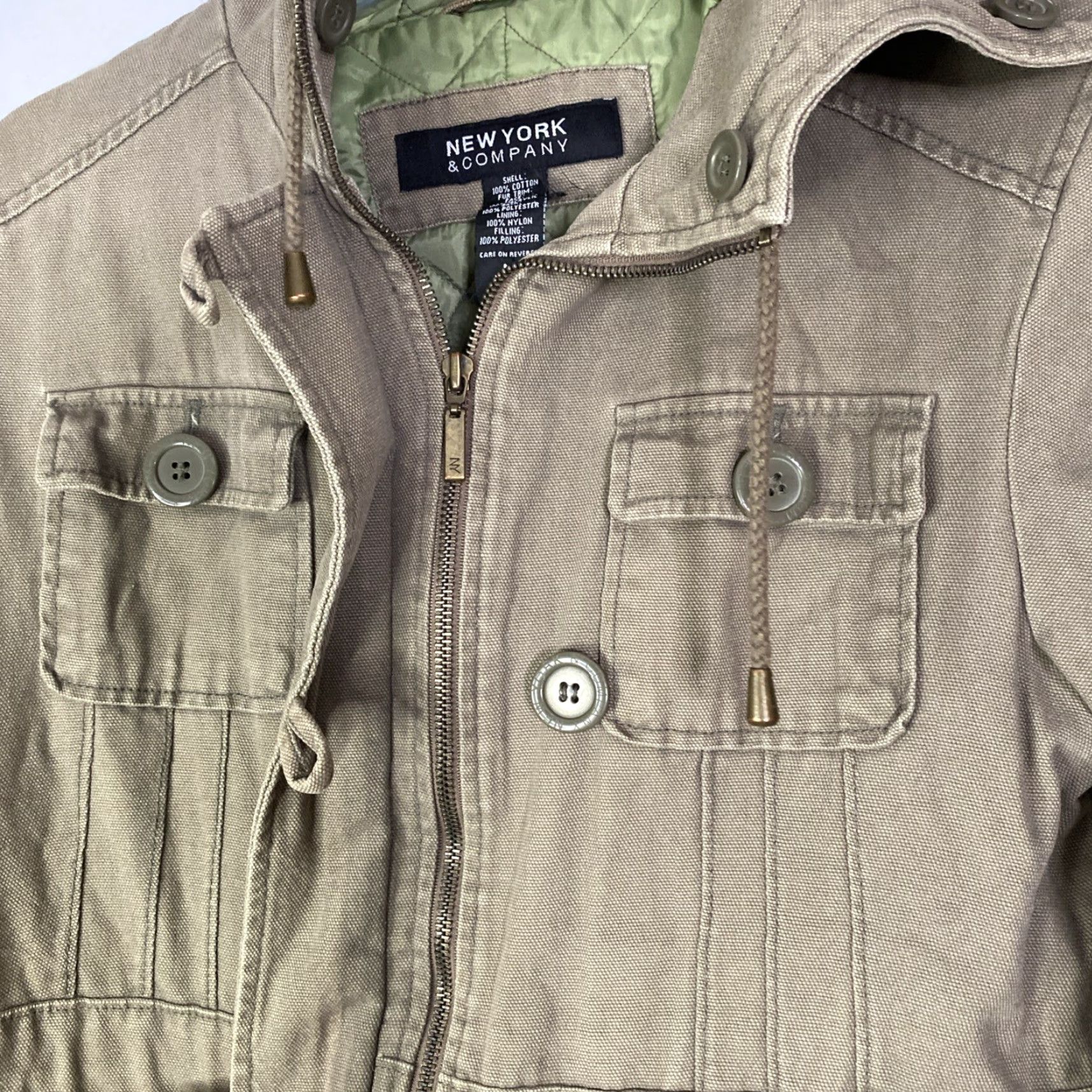 CO New York & Co Jacket Womens Medium Olive Green Hooded Quilted Lined Coat 20x27 Size M / US 6-8 / IT 42-44 - 6 Thumbnail