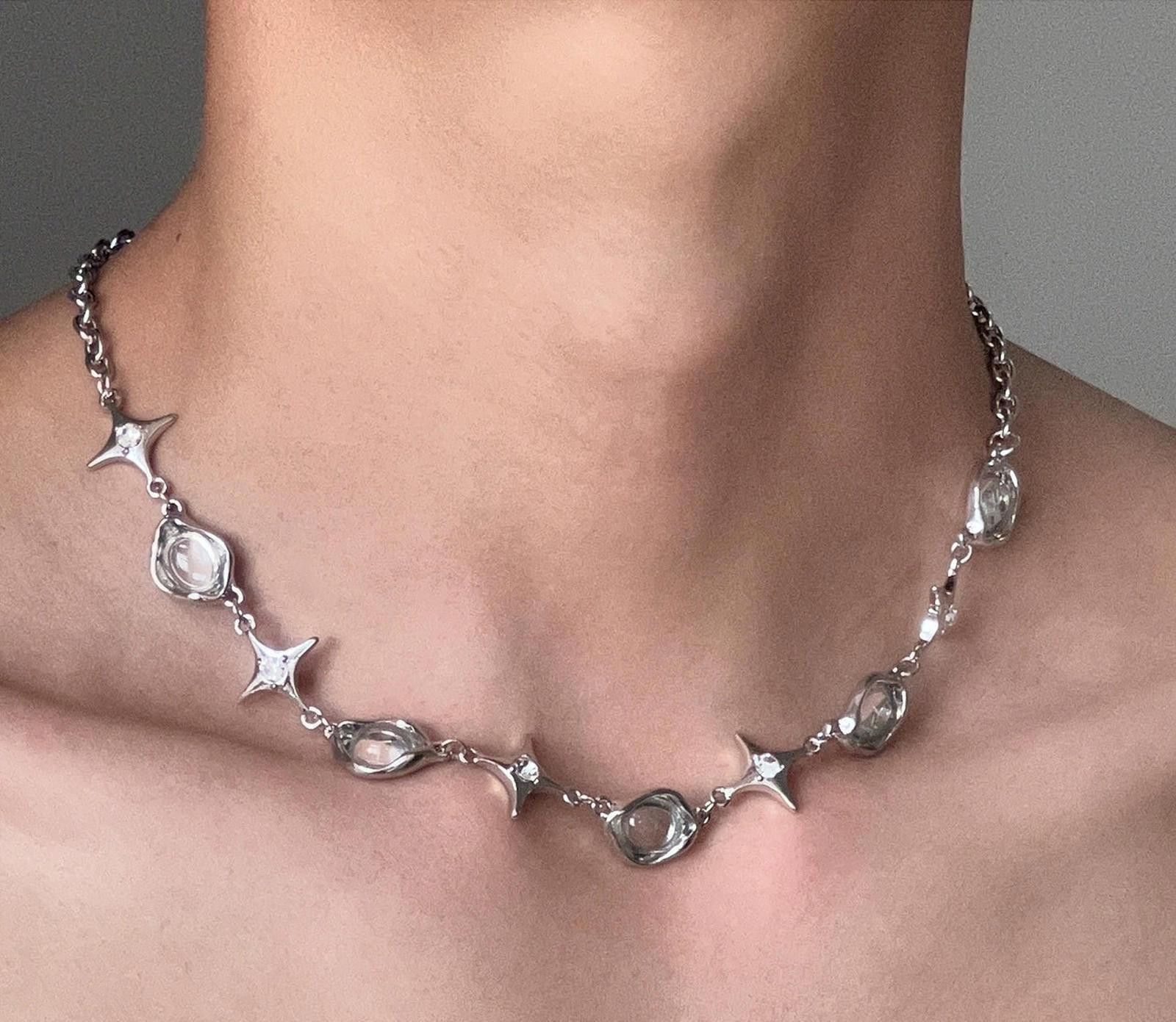 Vintage Silver Star Link Chain Necklace, Modern Silver Jewelry Size ONE SIZE - 2 Thumbnail