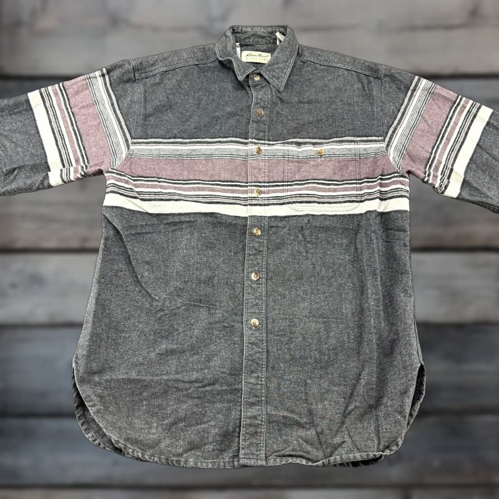 Eddie Bauer VINTAGE Eddie Bauer Shirt Men LT Grey Button Up Long Sleeve Striped Chamois 90s Size US L / EU 52-54 / 3 - 1 Thumbnail