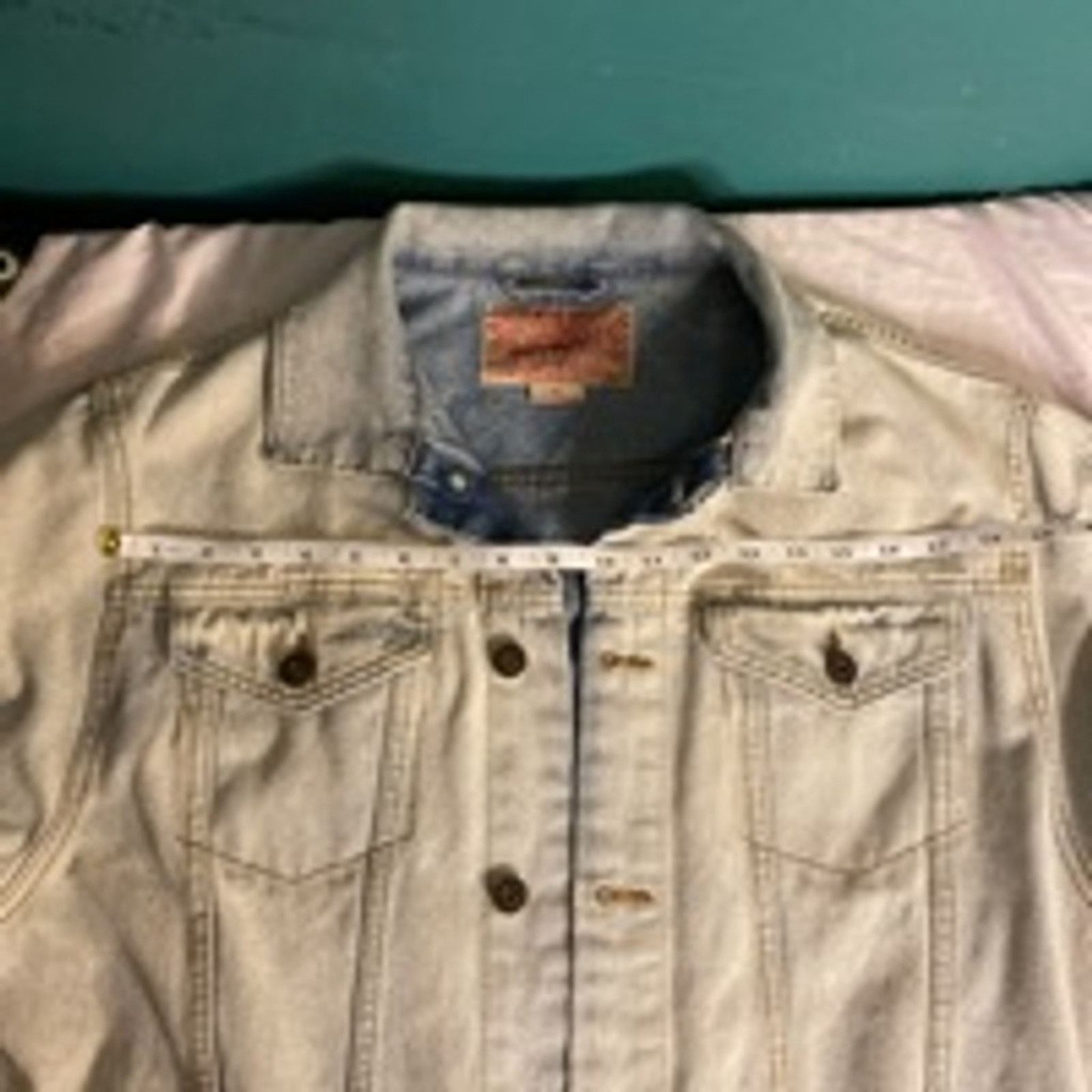 Handmade Upcycled Light Wash Denim Jacket XL Cross Detail Handmade Size XL / US 12-14 / IT 48-50 - 9 Thumbnail