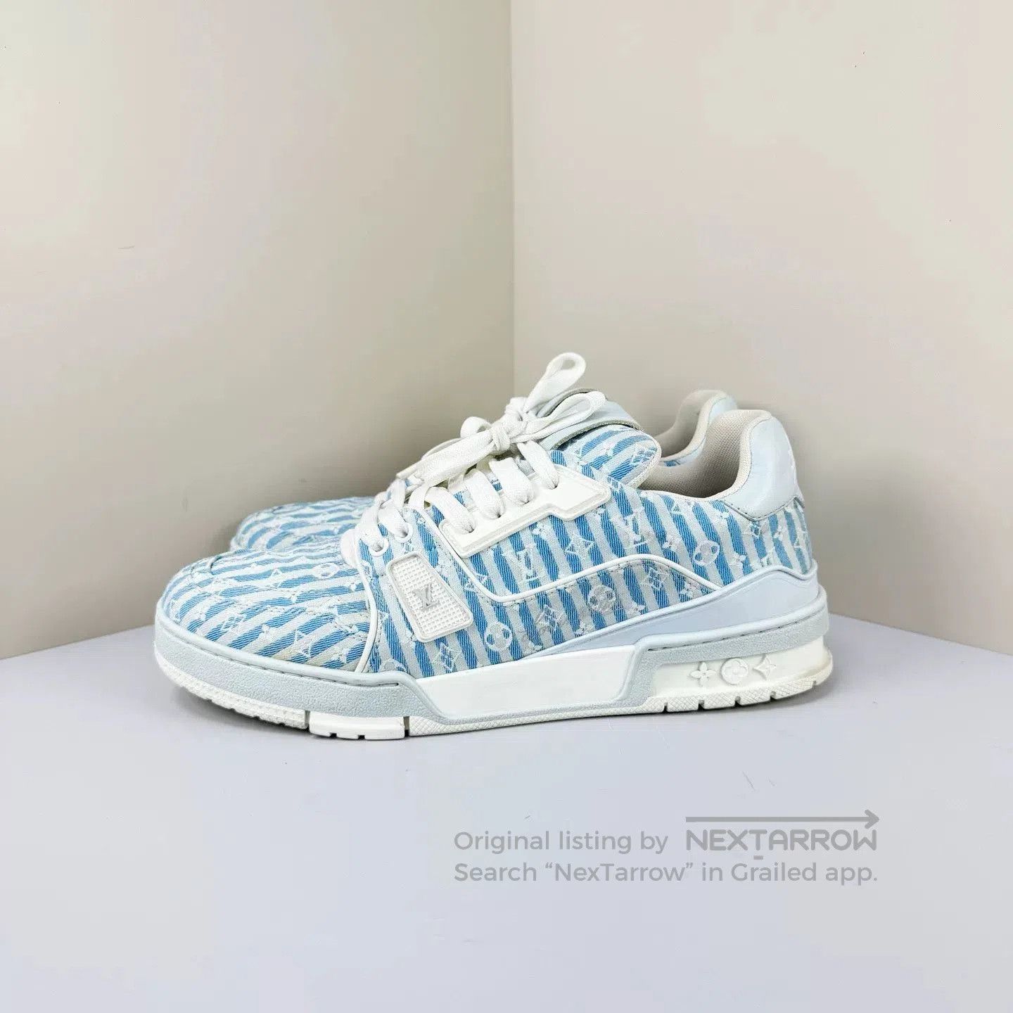 louis vuitton blue white striped trainer shoes.