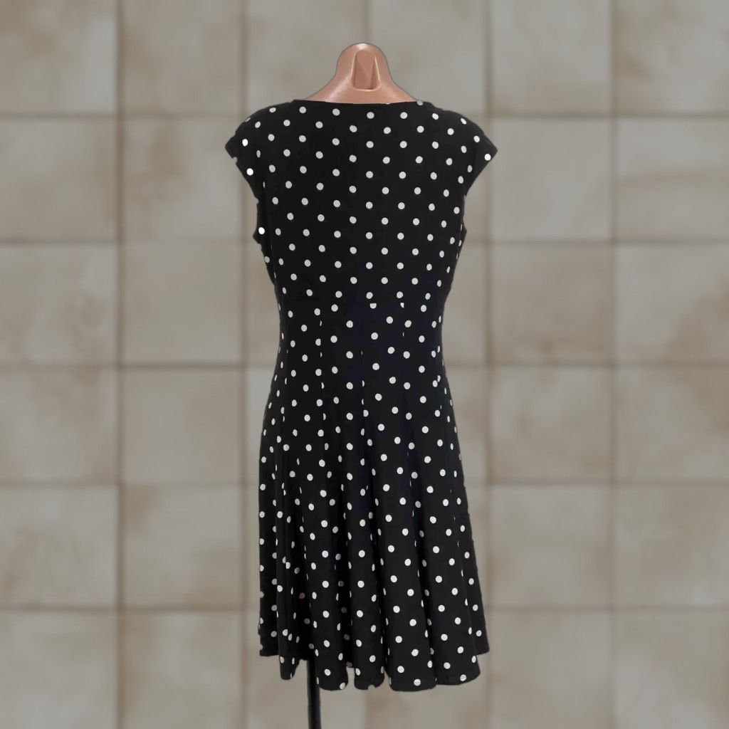 VINTAGE Lauren Ralph Lauren Women's Midi Black Polka Dot Dress Size 12  A-Line Fit Flare