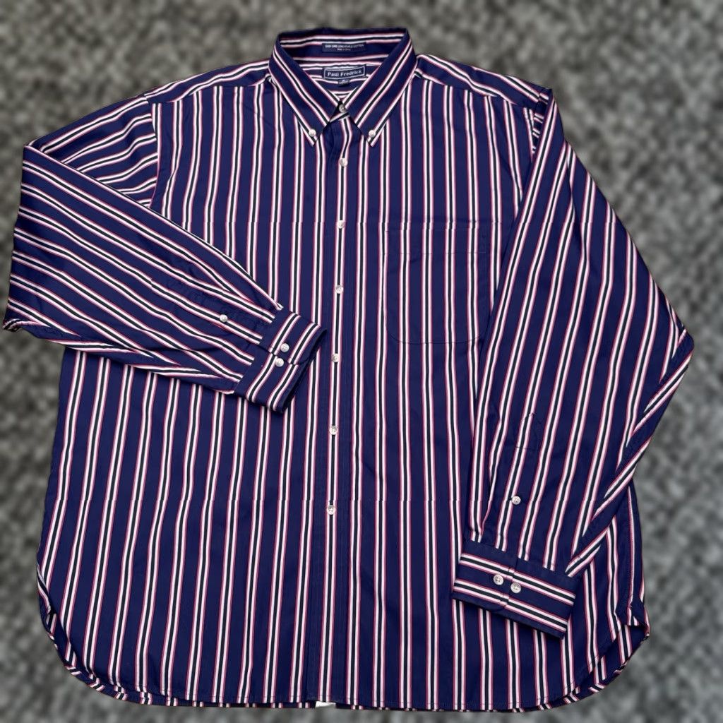 Vintage Paul Fredrick Shirt Mens XL Navy Striped Button-Up Long Sleeve Collared Classic All Seasons Knit Cotton Button-Down Casual Workwear Size US XL / EU 56 / 4 - 1 Thumbnail