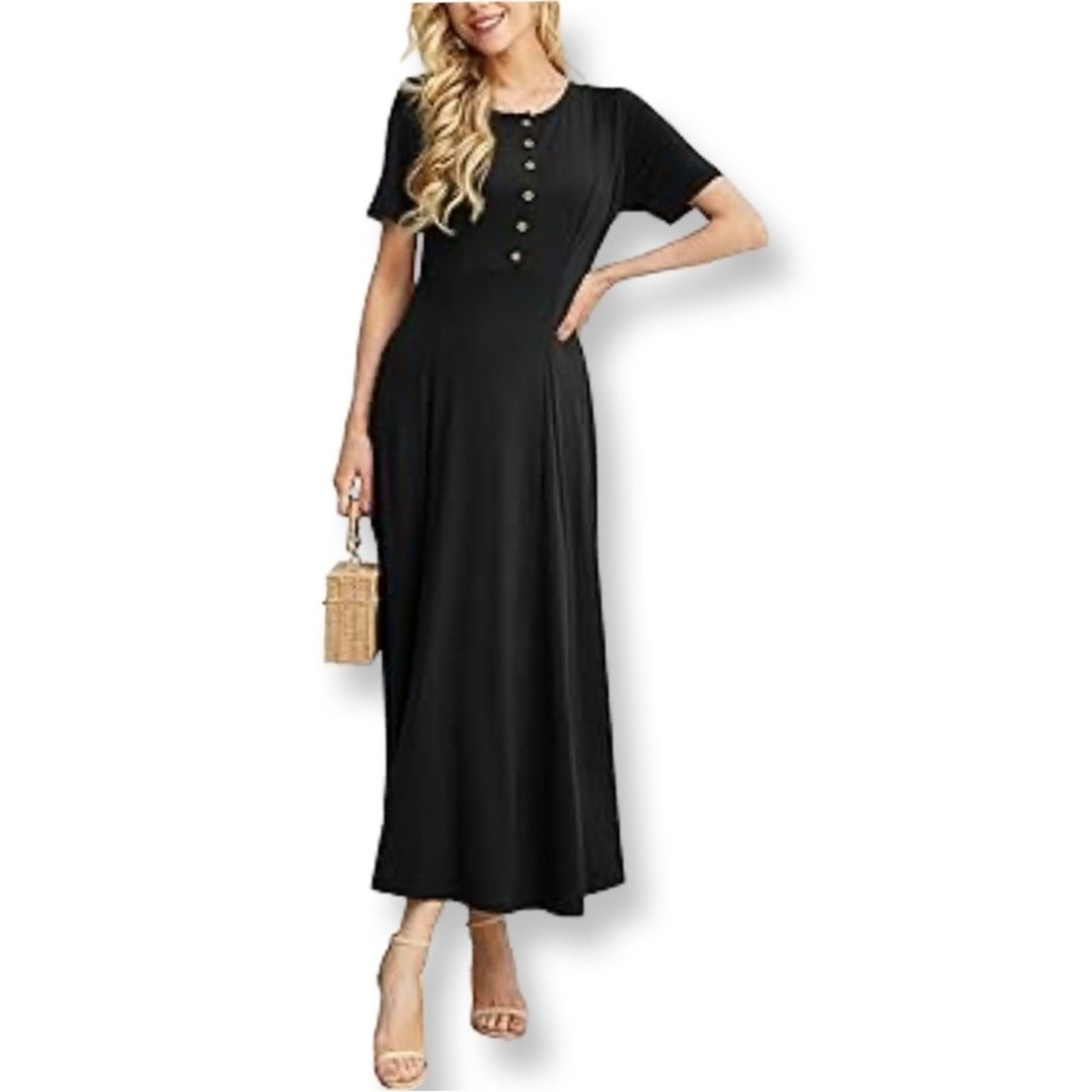 Vintage CC Courtenay Black Raw Silk Fluted Short Sleeve Midi Dress Size XL / US 12-14 / IT 48-50 - 1 Thumbnail