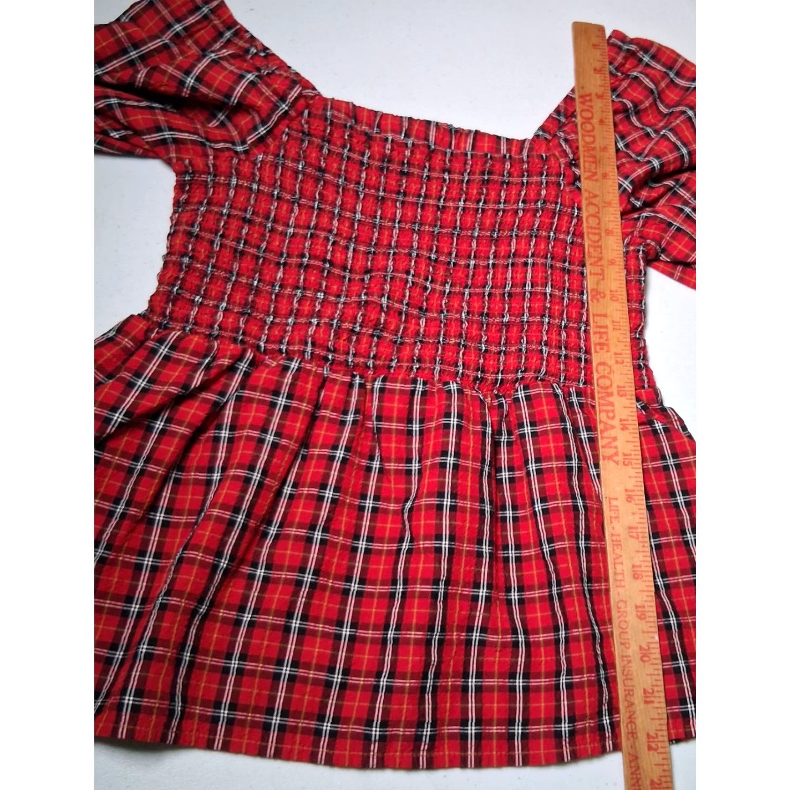 Old Navy Old Navy Blouse M Tall Red Plaid Tartan Smocked Peasant Milk Maid Crinkled Size M / US 6-8 / IT 42-44 - 5 Thumbnail