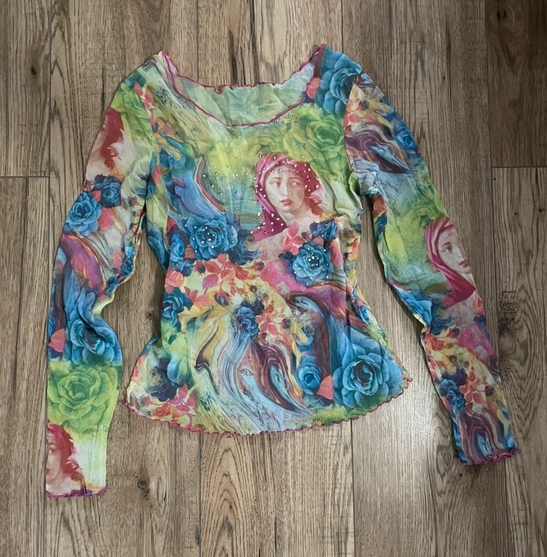Japanese Brand vintage y2k mesh printed mesh top avant garde archive Size S / US 4 / IT 40 - 2 Thumbnail