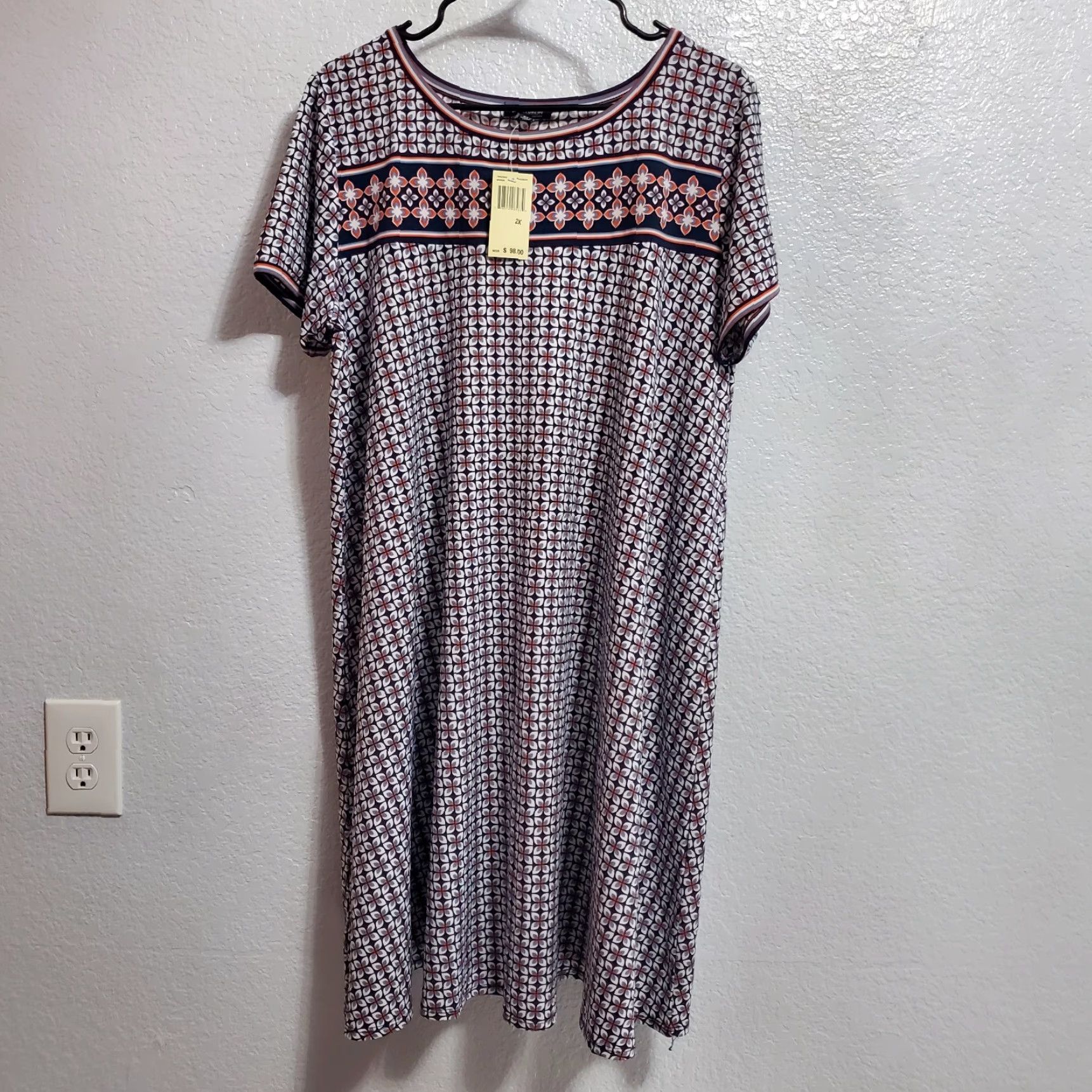 Vintage VINTAGE? No. Max Edition Shift Dress Women 2X Blue Geometric Print Short Sleeve Boho NWT Size 40" / US 18 - 2 Thumbnail